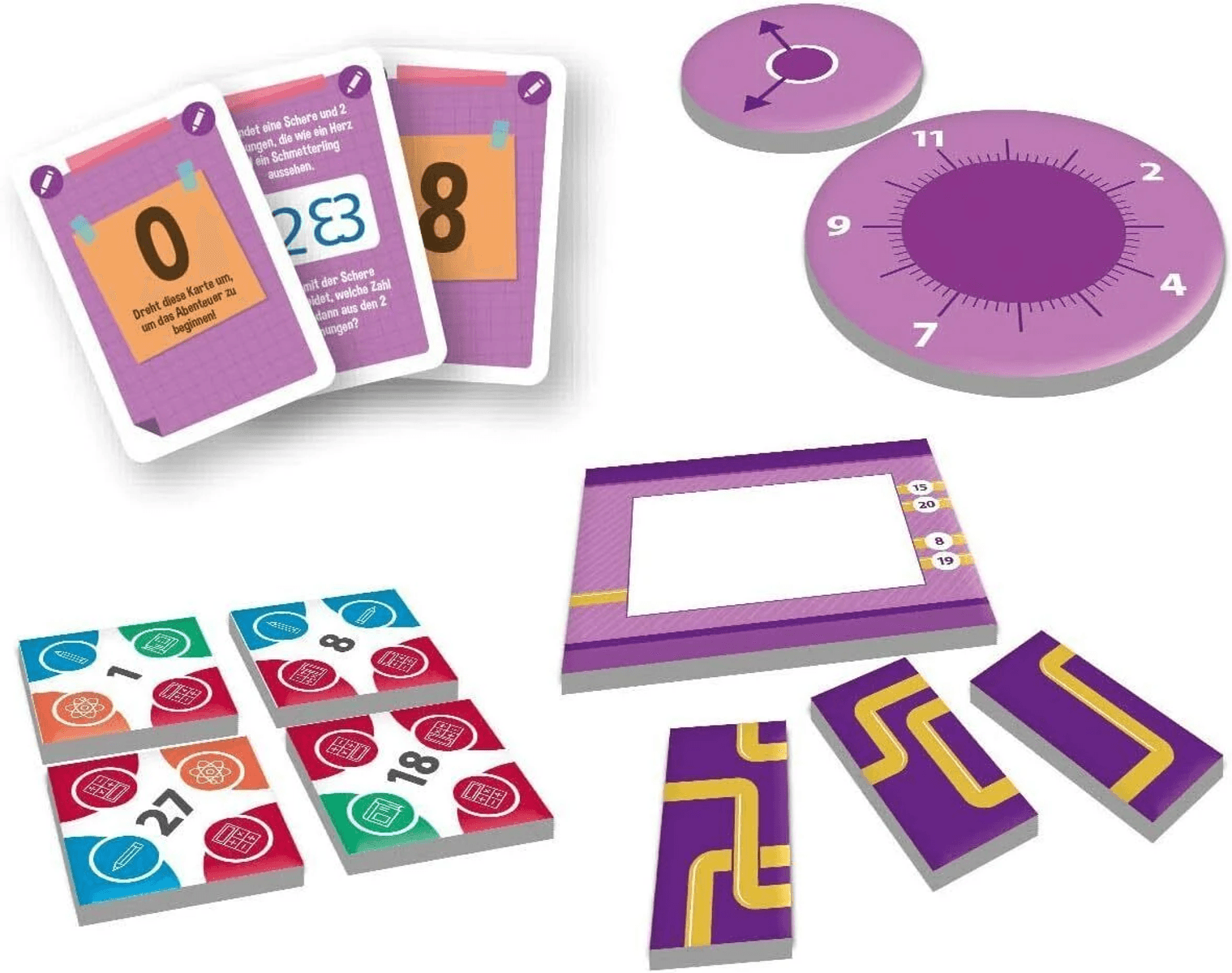 Componentes de juego de mesa con cartas numeradas, fichas moradas con símbolos, esferas y piezas de caminos.