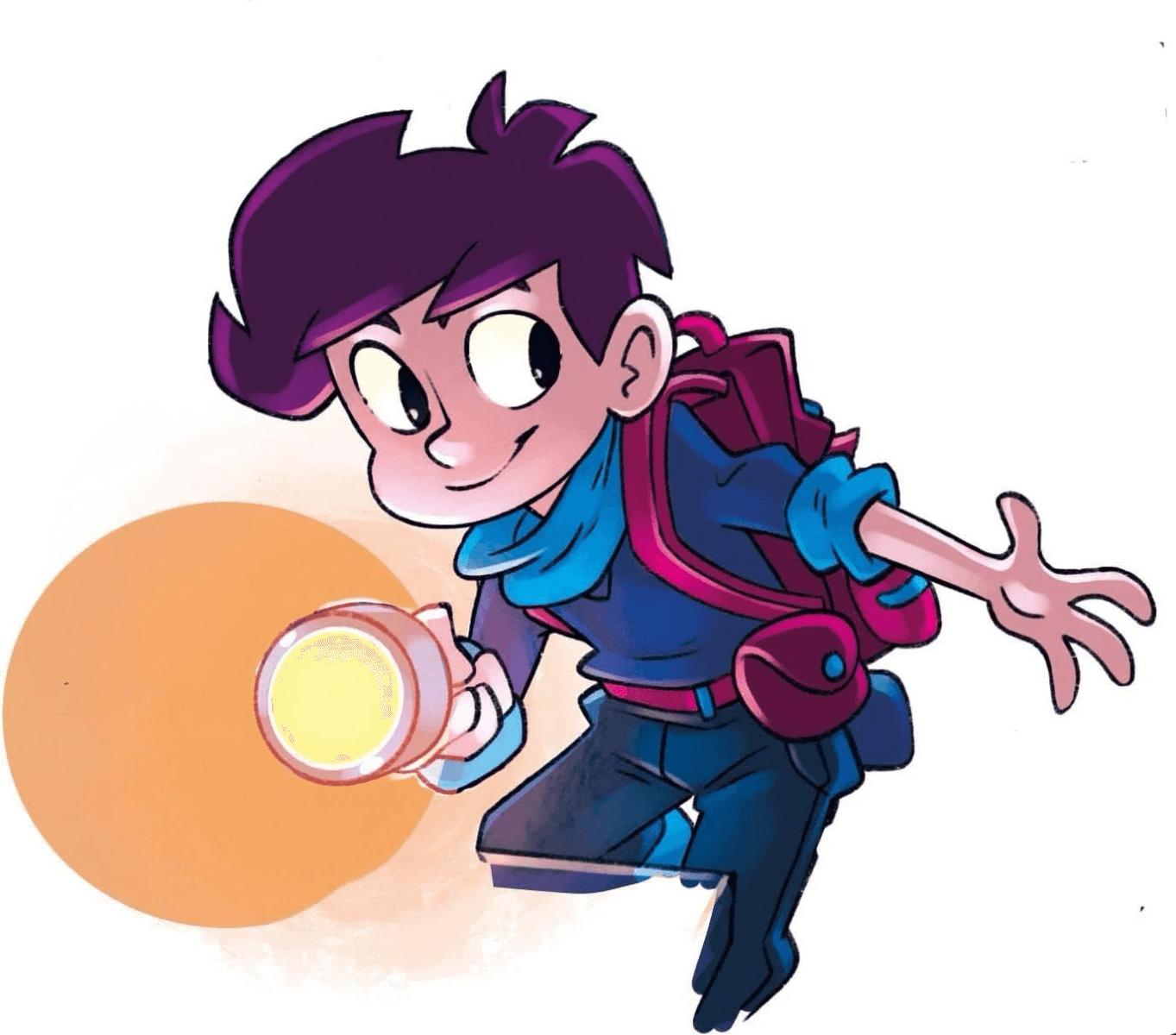 Un niño animado con cabello morado y una mochila sostiene una linterna brillante.