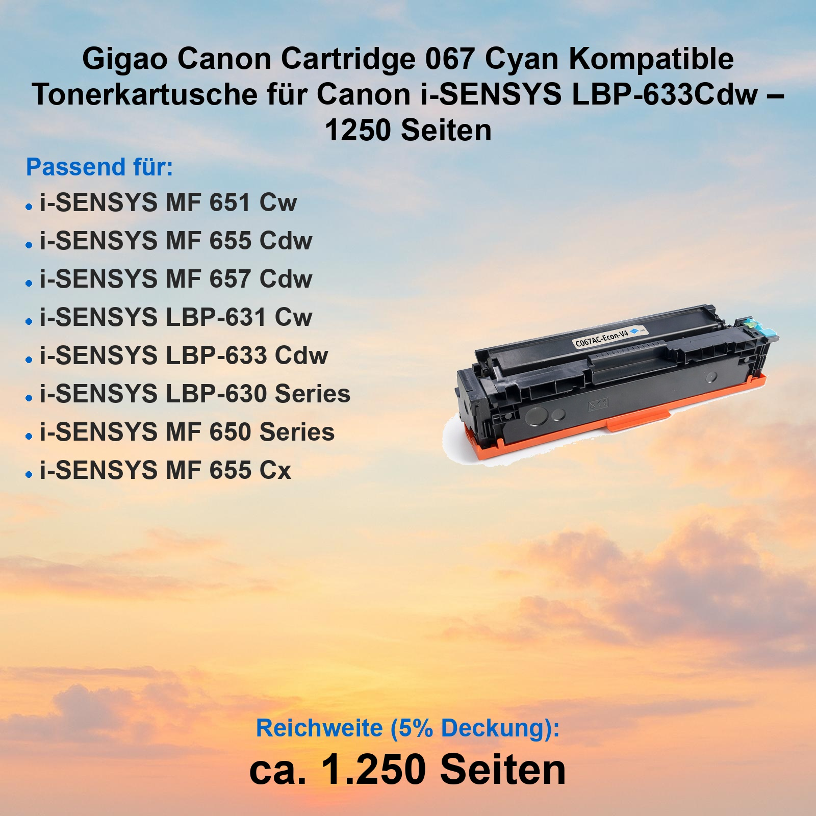 Cyan Tonerkartusche für Canon Drucker mit Kompatibilitätsliste vor Sonnenuntergang.