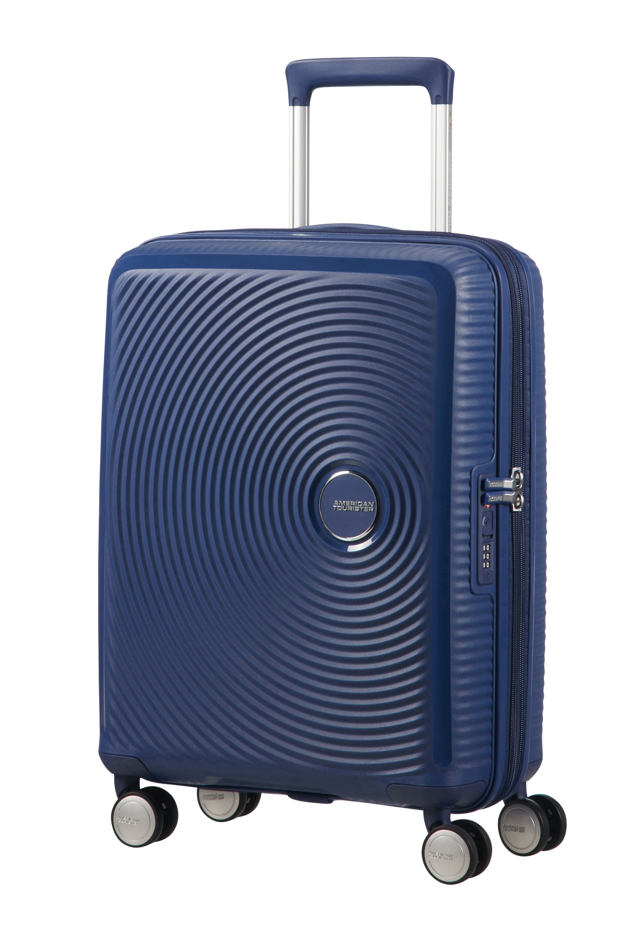 Niebieska walizka twarda American Tourister z kółkami i wysuwaną rączką na białym tle.