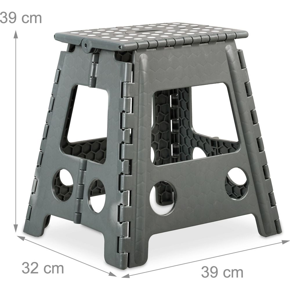 Grauer klappbarer Hocker aus Kunststoff mit den Maßen 39 cm Höhe, 39 cm Breite und 32 cm Tiefe.