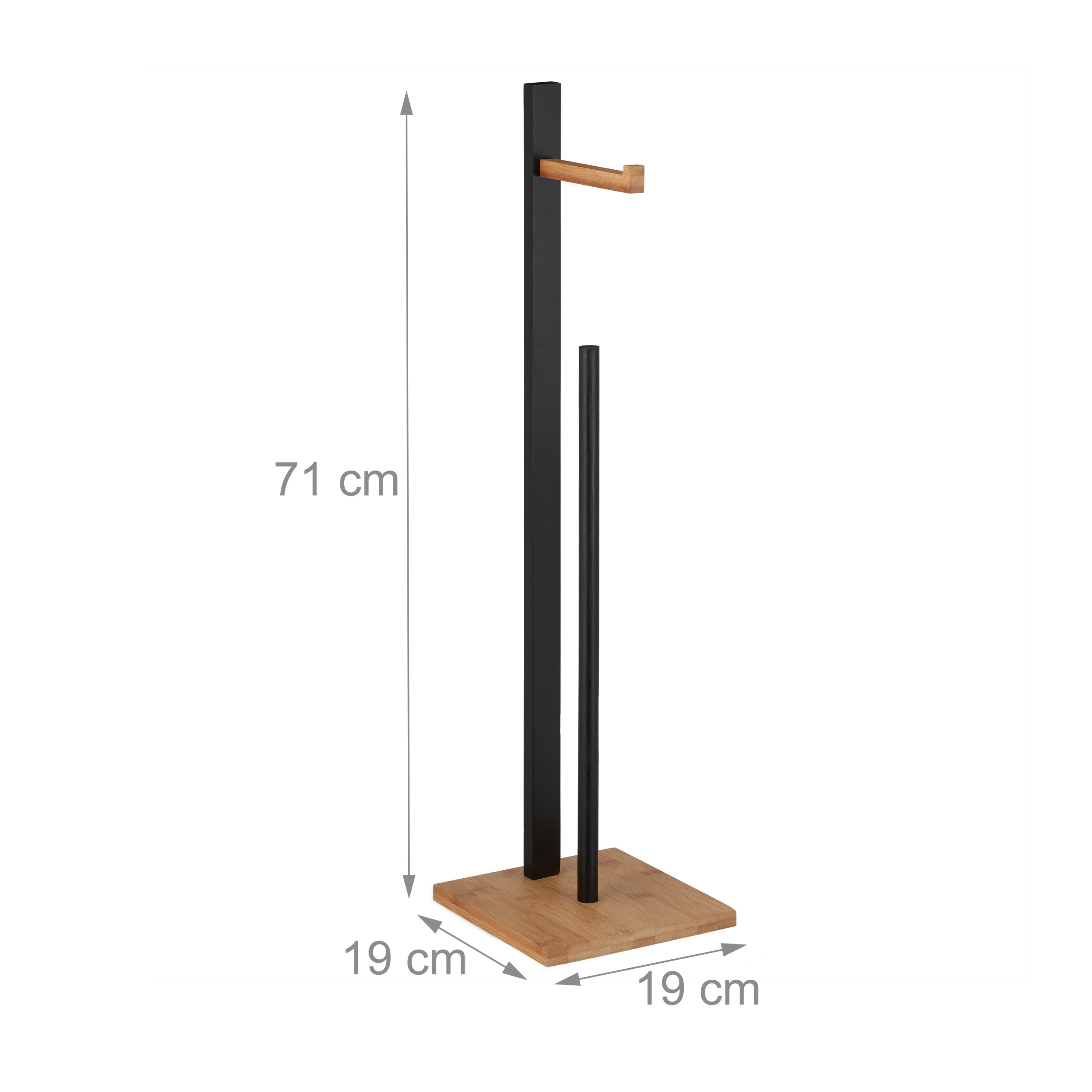 Schwarzer und holzfarbener Toilettenpapierhalter mit Maßen von 71 cm Höhe und 19 cm Breite.
