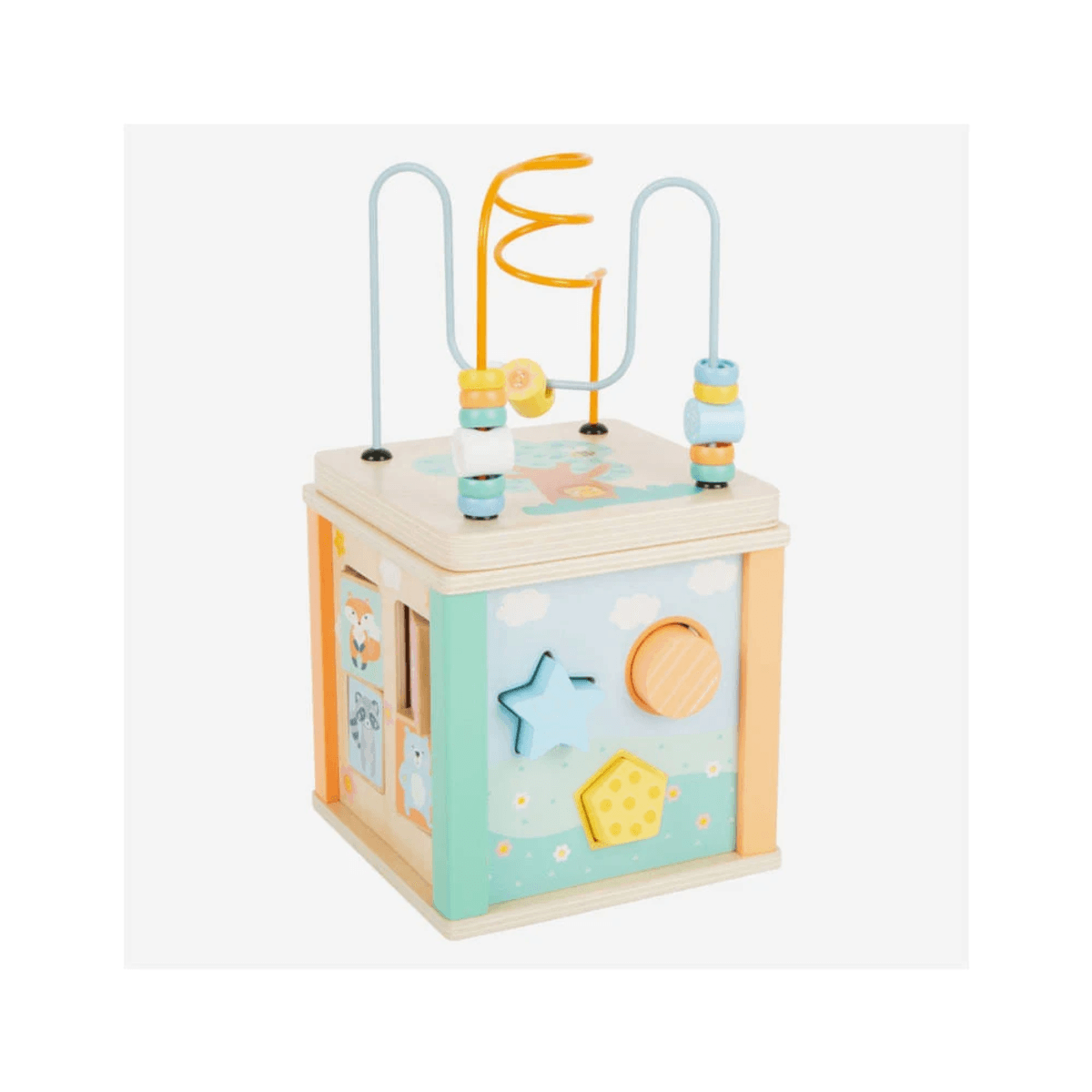 Un cubo de actividades de madera con colores pastel, clasificador de formas, cuentas deslizantes y un laberinto en la parte superior.