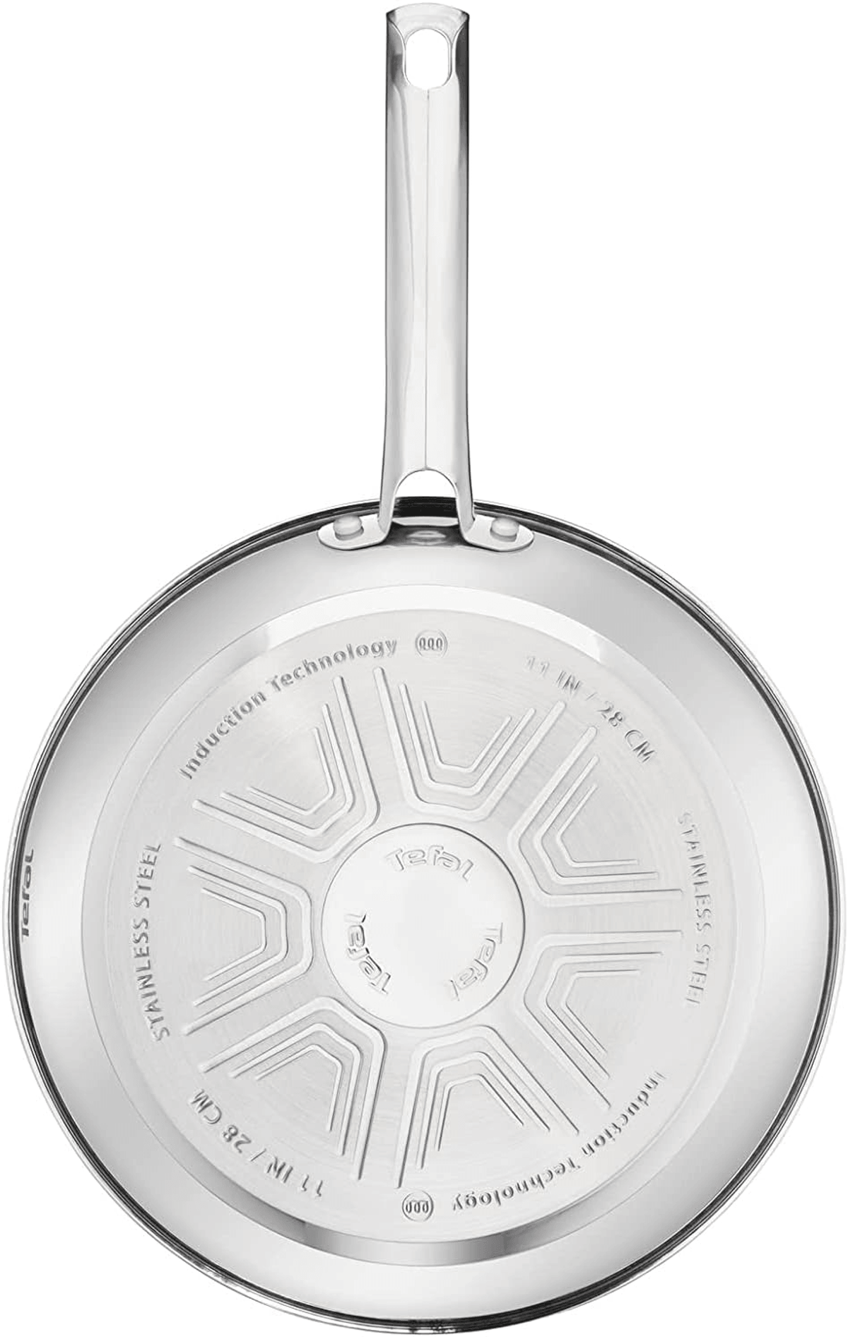 La parte inferior de una sartén de acero inoxidable Tefal plateada con tecnología de inducción.