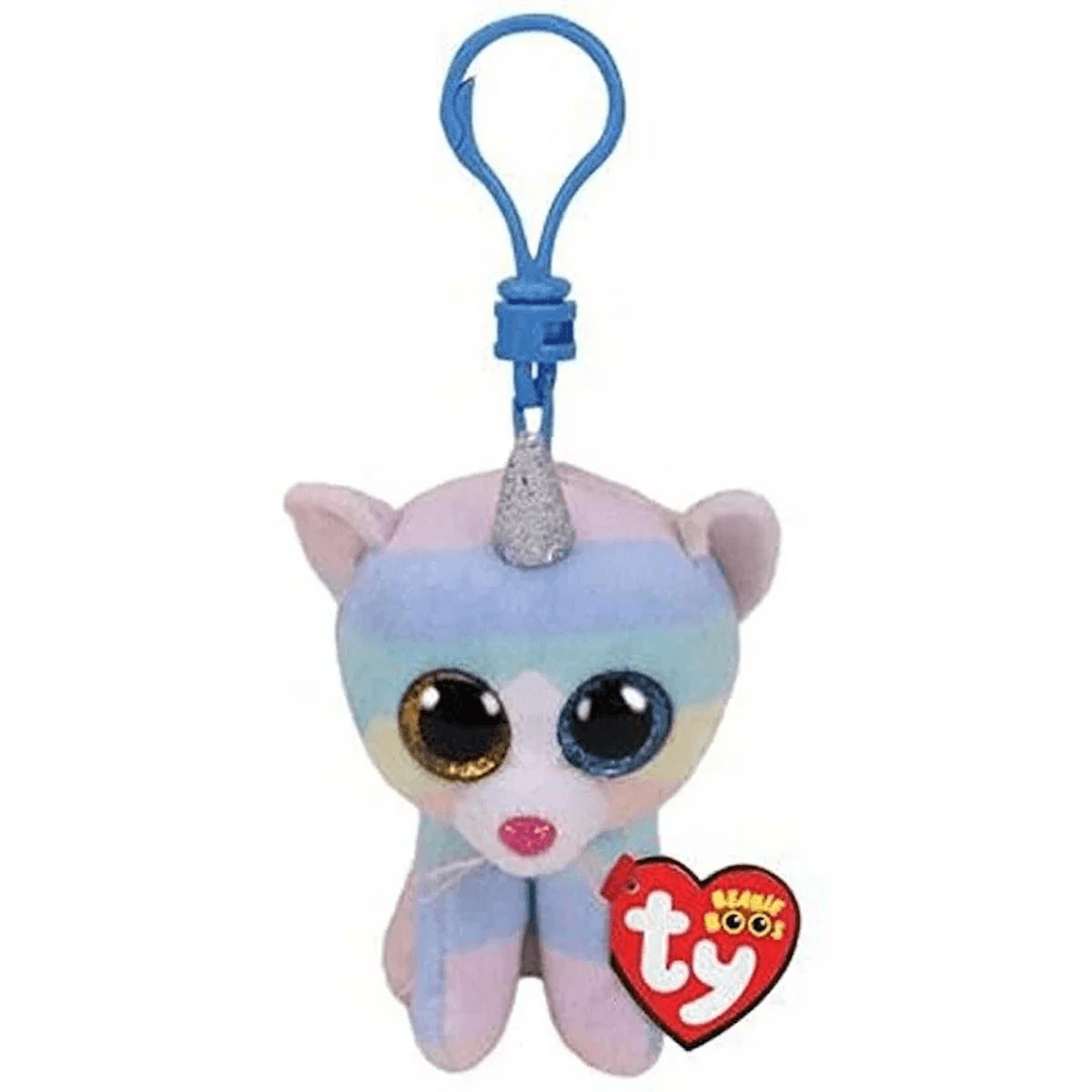 Llavero de gato de peluche pastel con cuerno brillante, ojos grandes y etiqueta Ty.