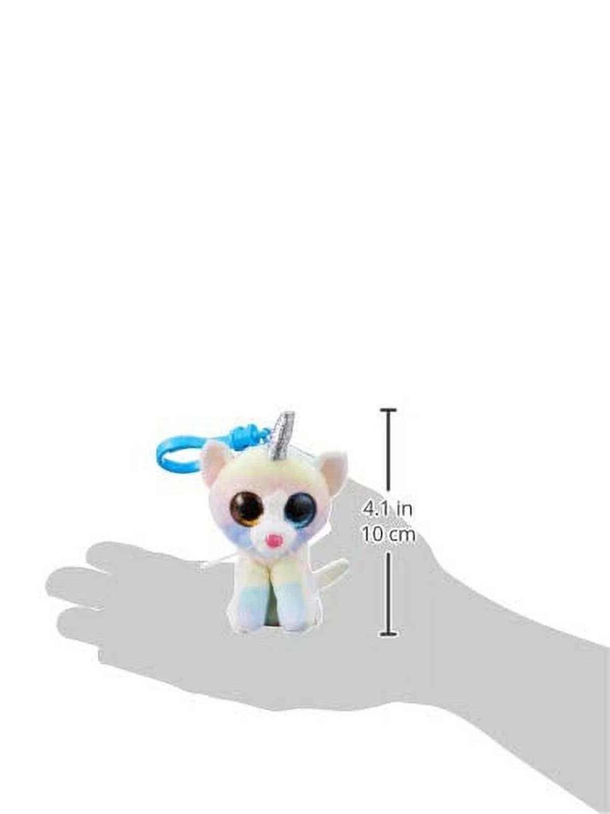 Llavero de unicornio de peluche pastel, de 10 cm de alto, sobre una mano.