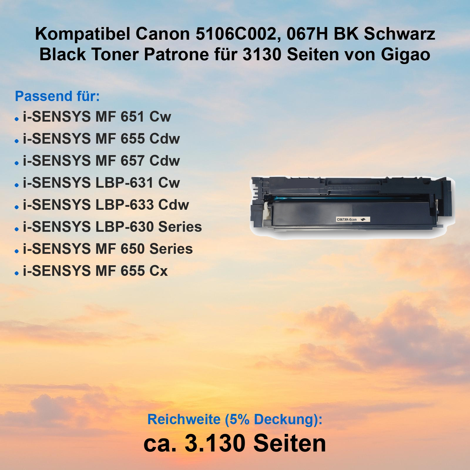 Schwarze Tonerpatrone kompatibel mit Canon, mit kompatiblen Druckermodellen auf dem Hintergrund.