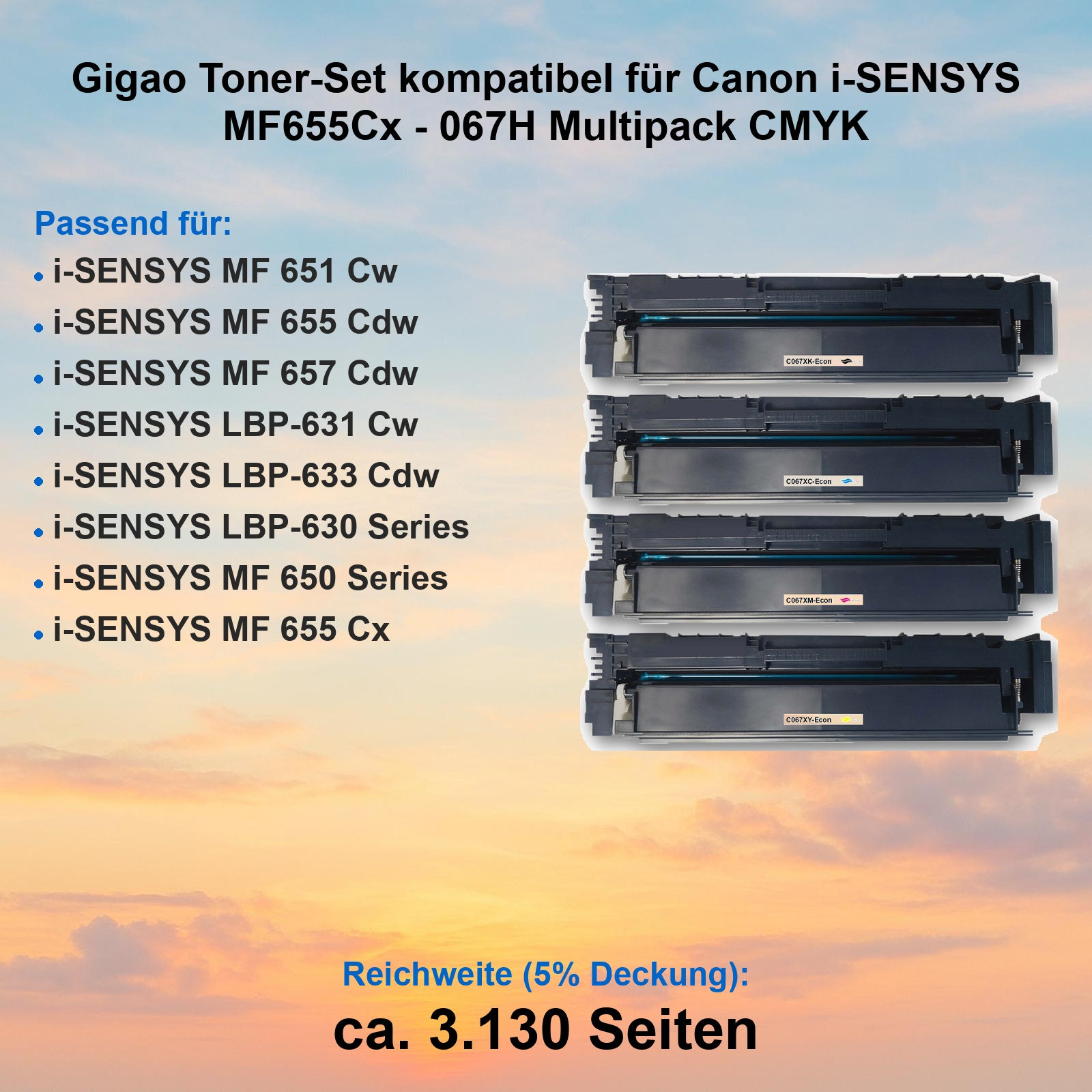 Vier schwarze Tonerkartuschen als Multipack CMYK für Canon Drucker, vor Sonnenuntergang.