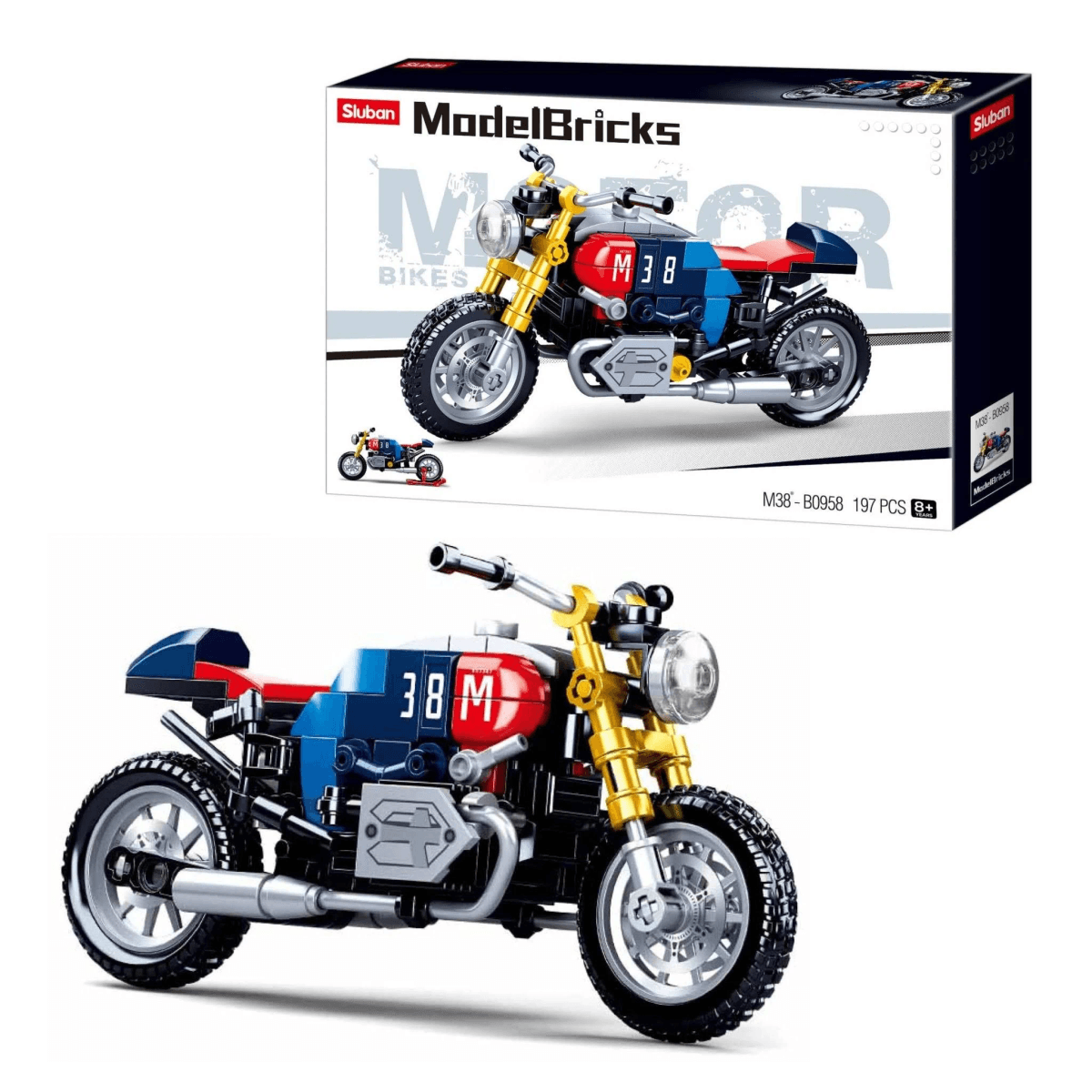 Caja del set de construcción Sluban ModelBricks y su motocicleta de juguete ensamblada en rojo, azul y negro.