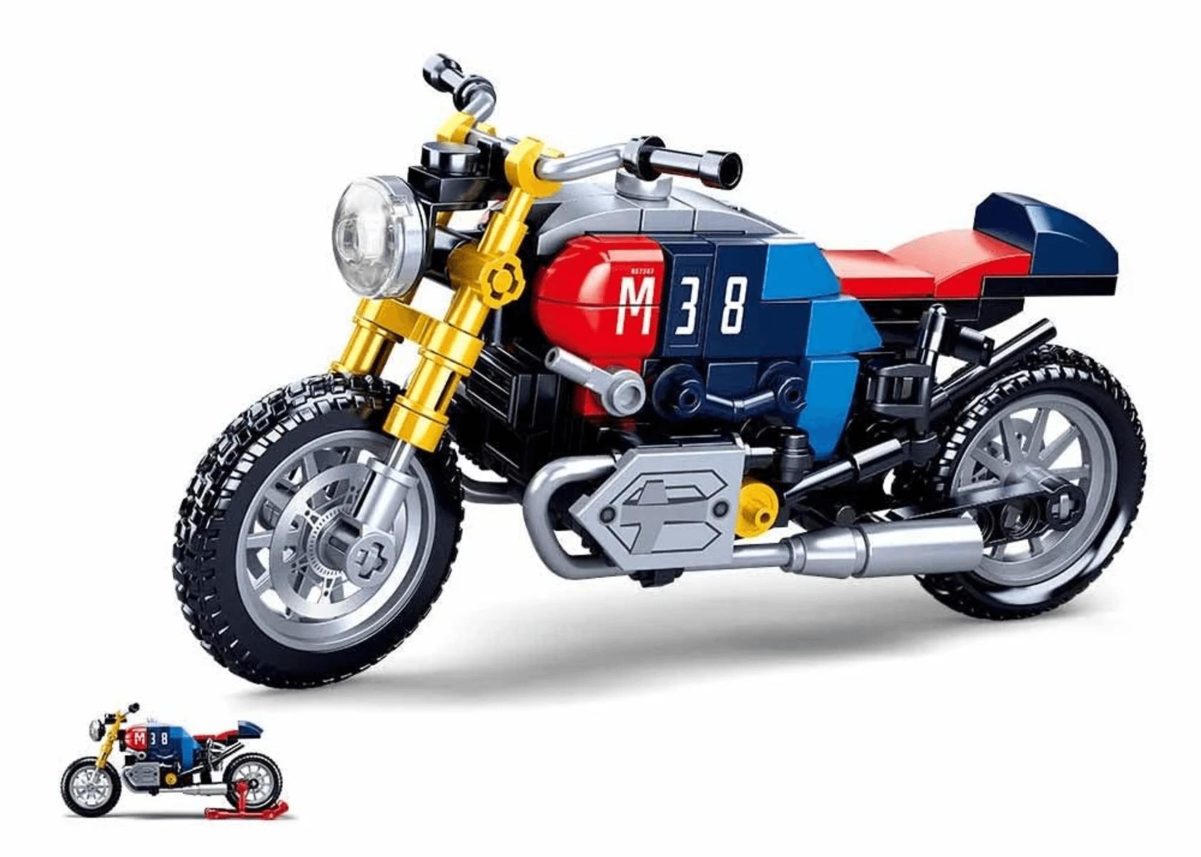 Una motocicleta de juguete construida con bloques de plástico de colores, con diseño rojo, azul y amarillo sobre fondo blanco.