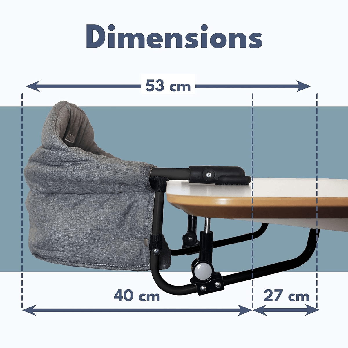 Silla de mesa gris con dimensiones de 53 cm, 40 cm y 27 cm.