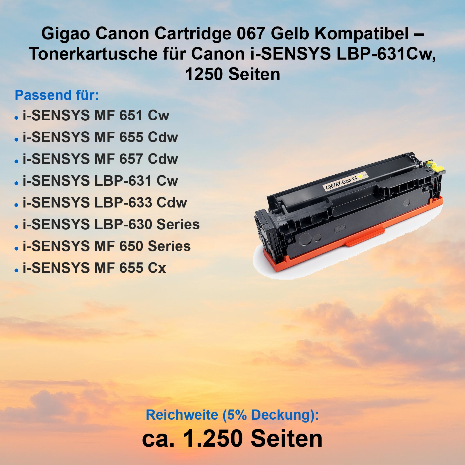 Gelbe Tonerpatrone mit Kompatibilitätsliste auf Sonnenuntergangs-Hintergrund.