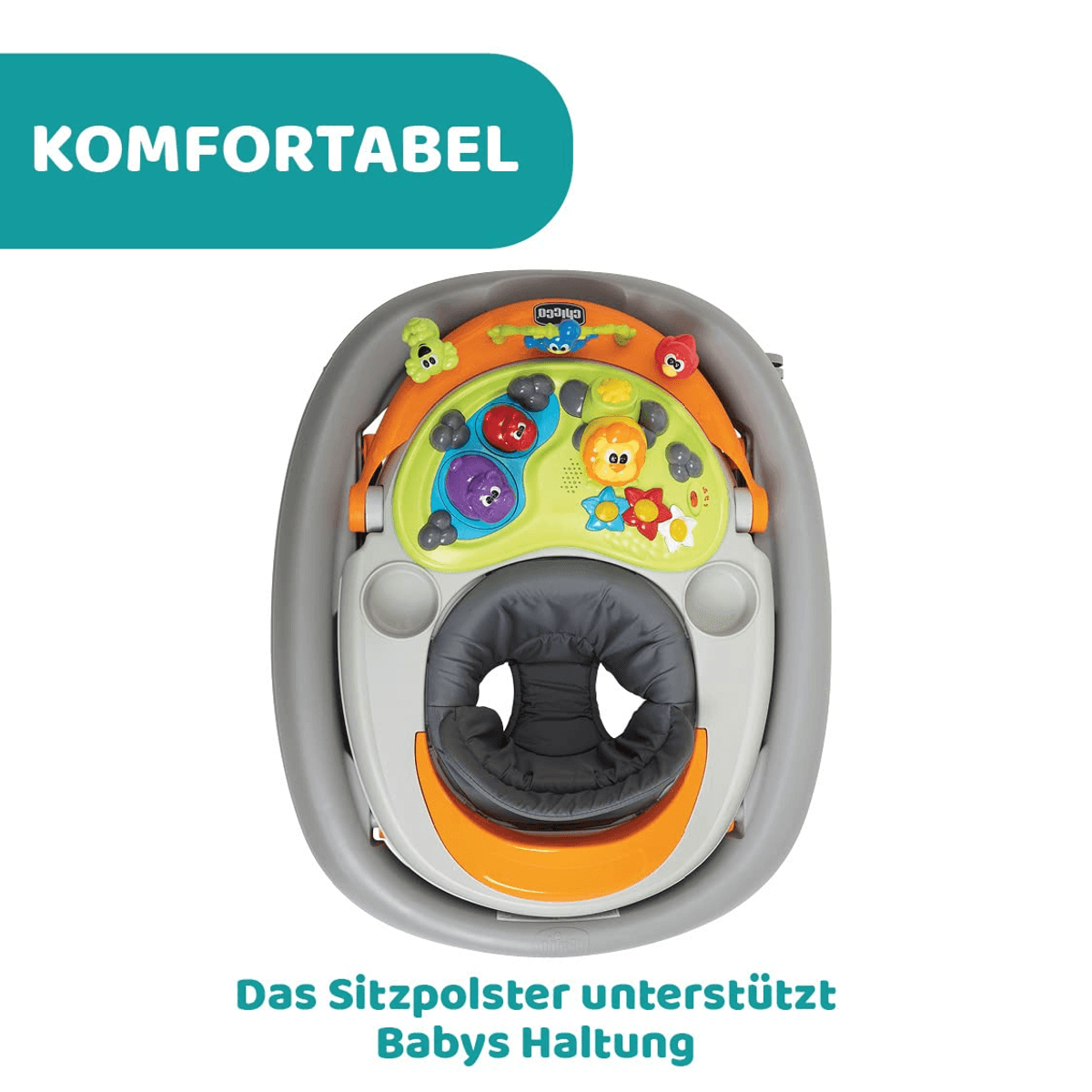 Andador para bebé gris con consola de juegos colorida y asiento cómodo.