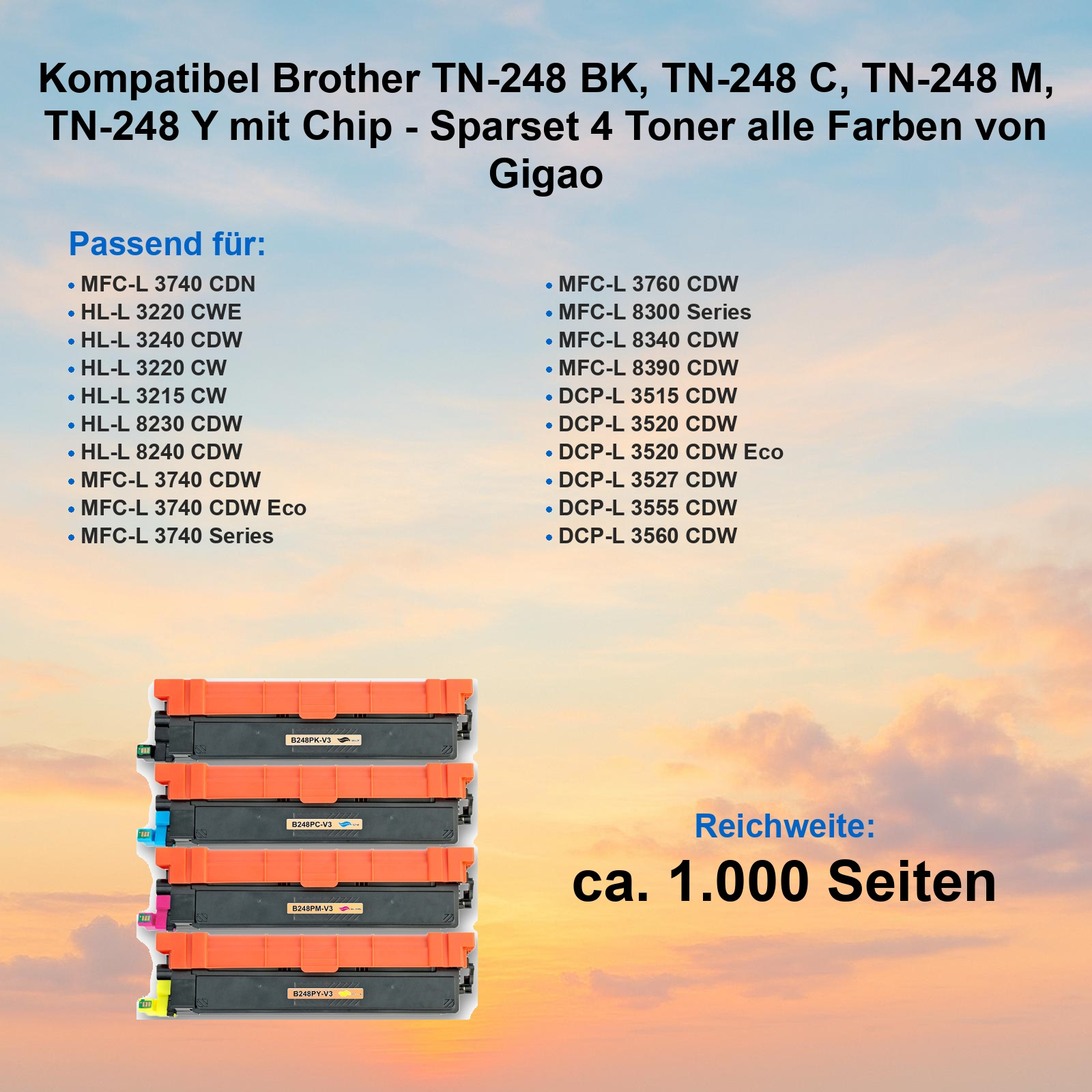 Vier kompatible Tonerkartuschen in Schwarz, Cyan, Magenta und Gelb vor einem Himmelshintergrund.