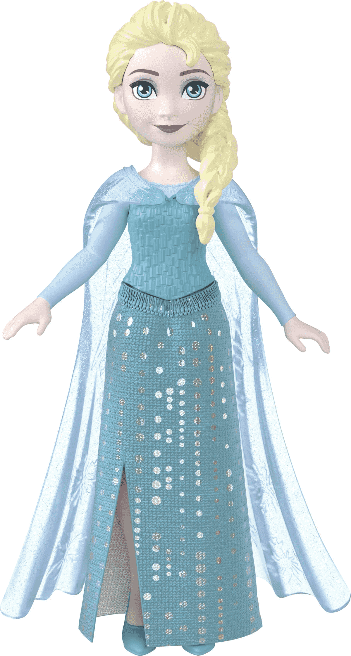 Una muñeca de Elsa de Frozen con un vestido azul brillante y trenza rubia.