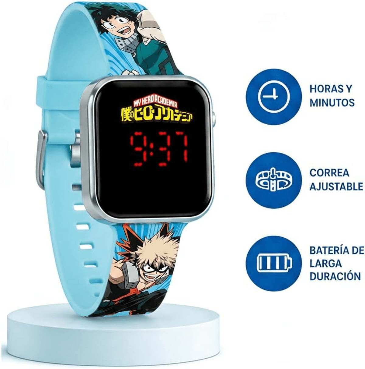 Reloj infantil azul de My Hero Academia con pantalla digital y personajes en la correa.