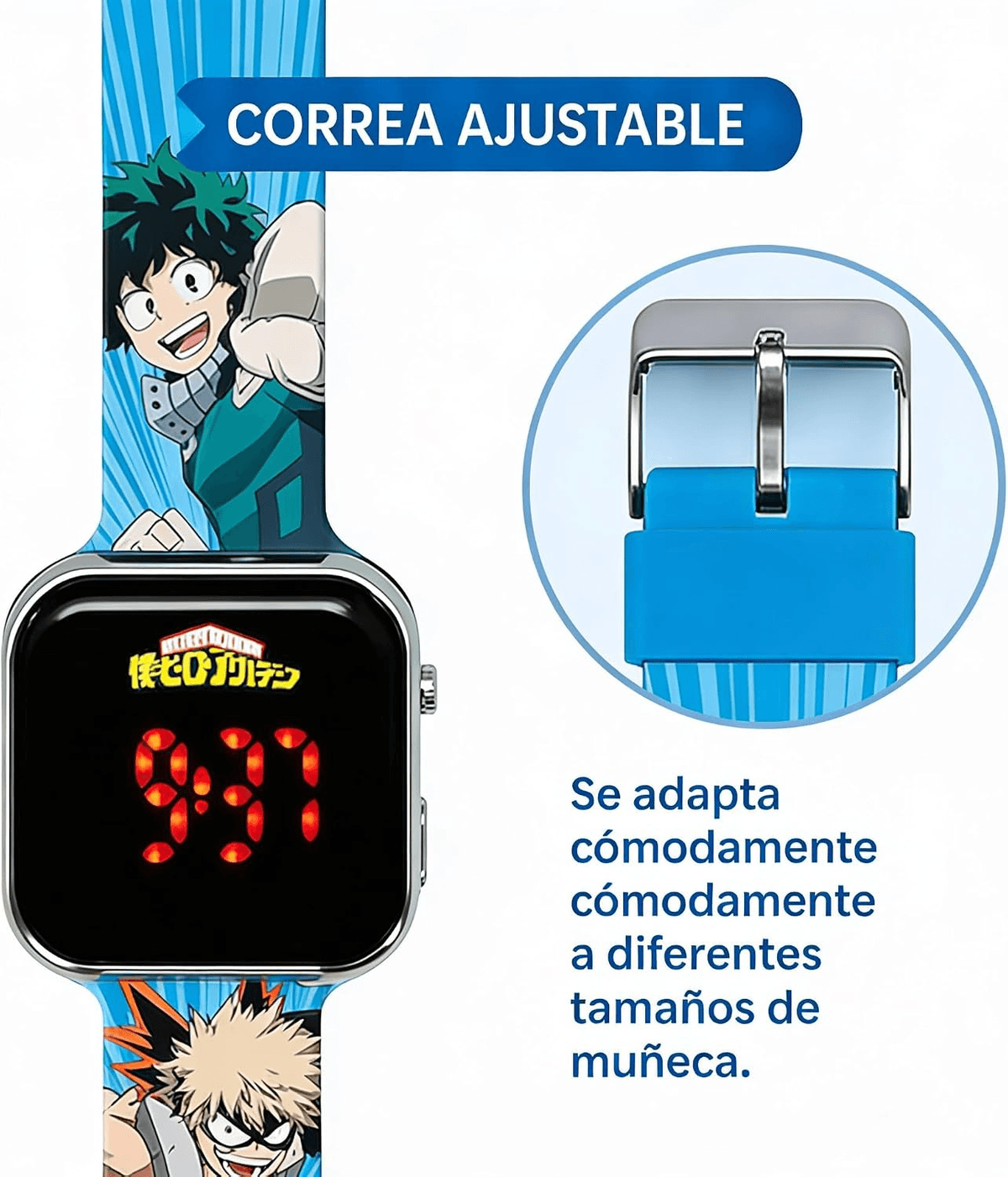 Reloj infantil azul My Hero Academia con pantalla digital y correa ajustable.