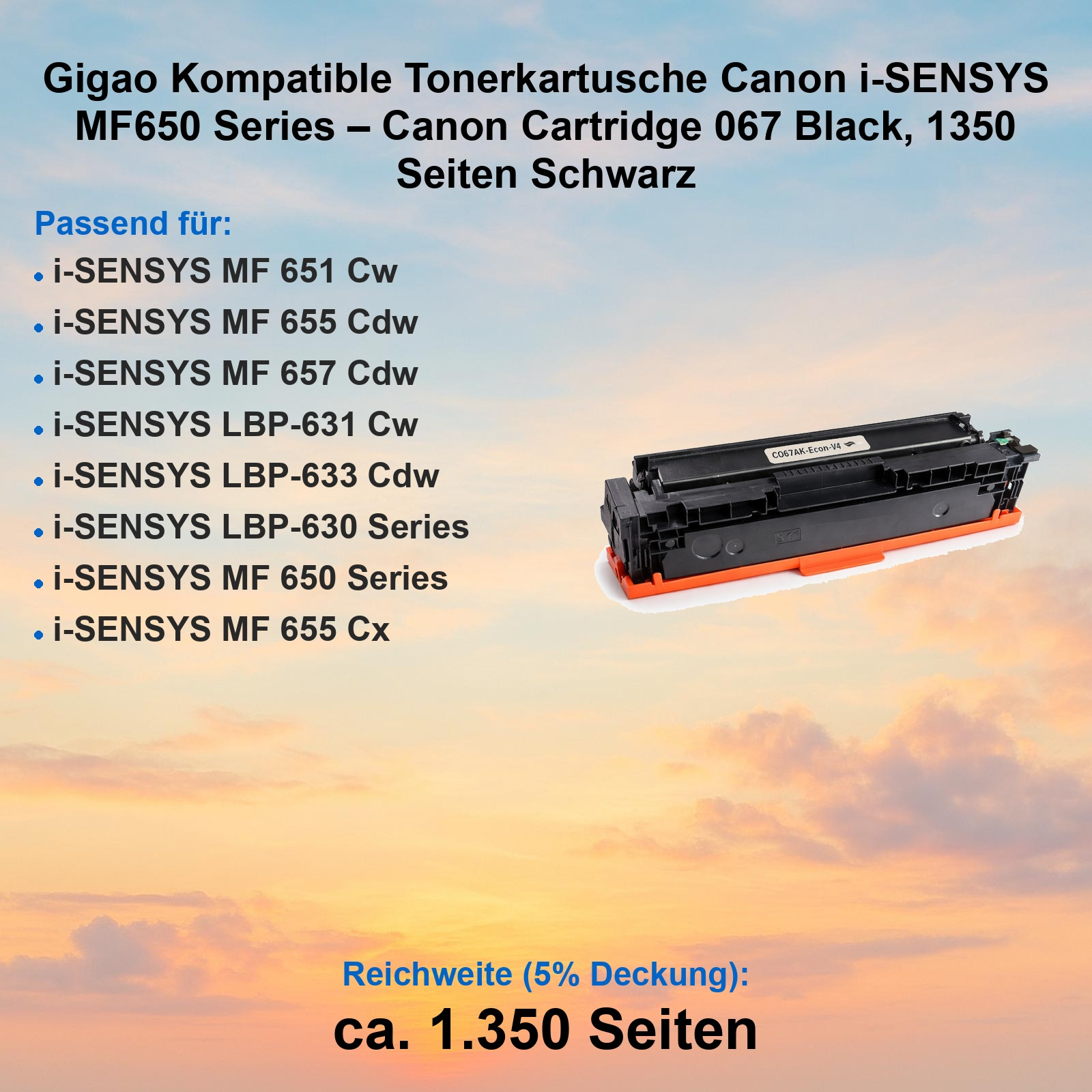 Schwarze Tonerpatrone auf orangefarbenem Schutz, umgeben von Text gegen einen orange-blauen Wolkenhimmel.