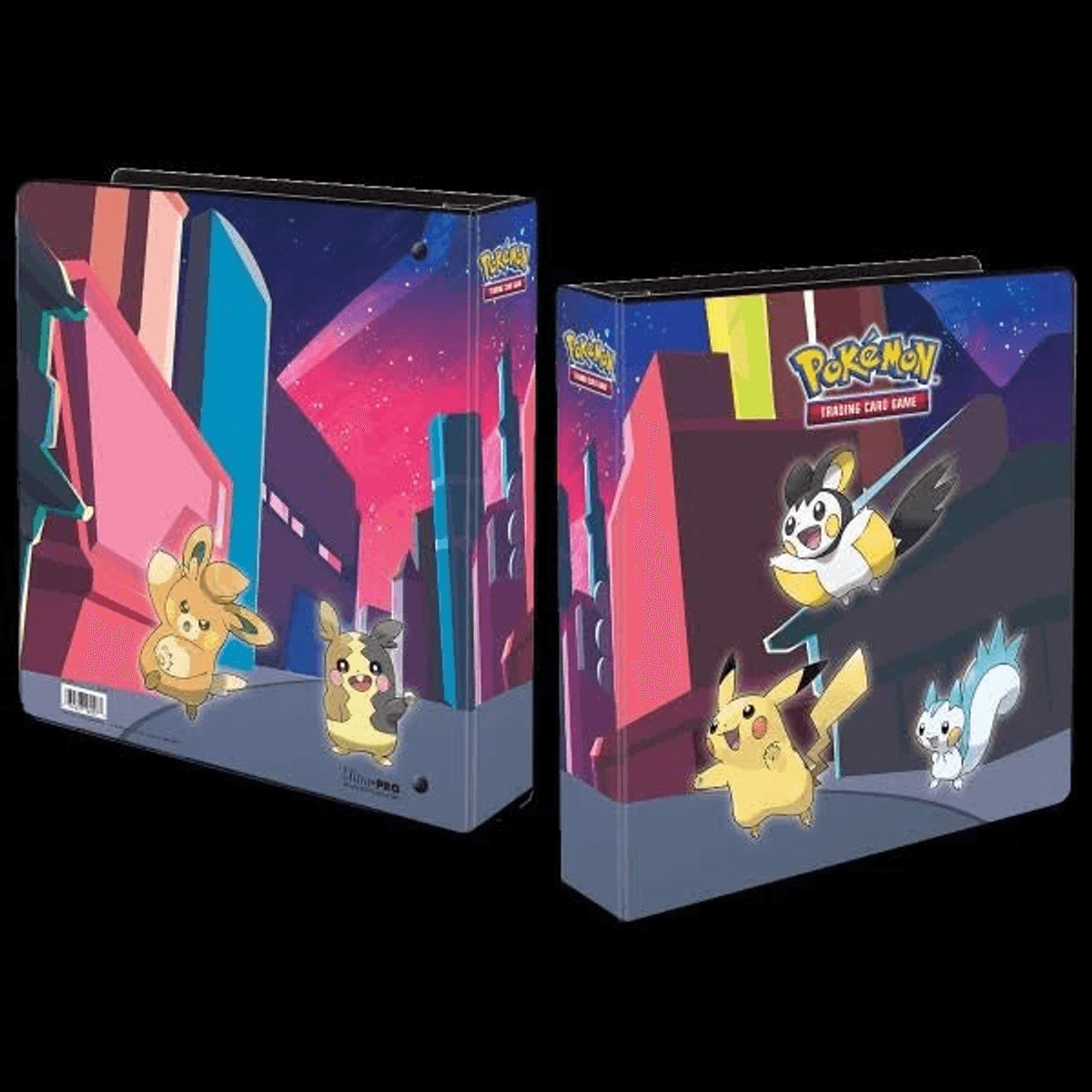 Dos carpetas de cartas coleccionables de Pokémon con Pikachu y otros personajes frente a un horizonte urbano nocturno.