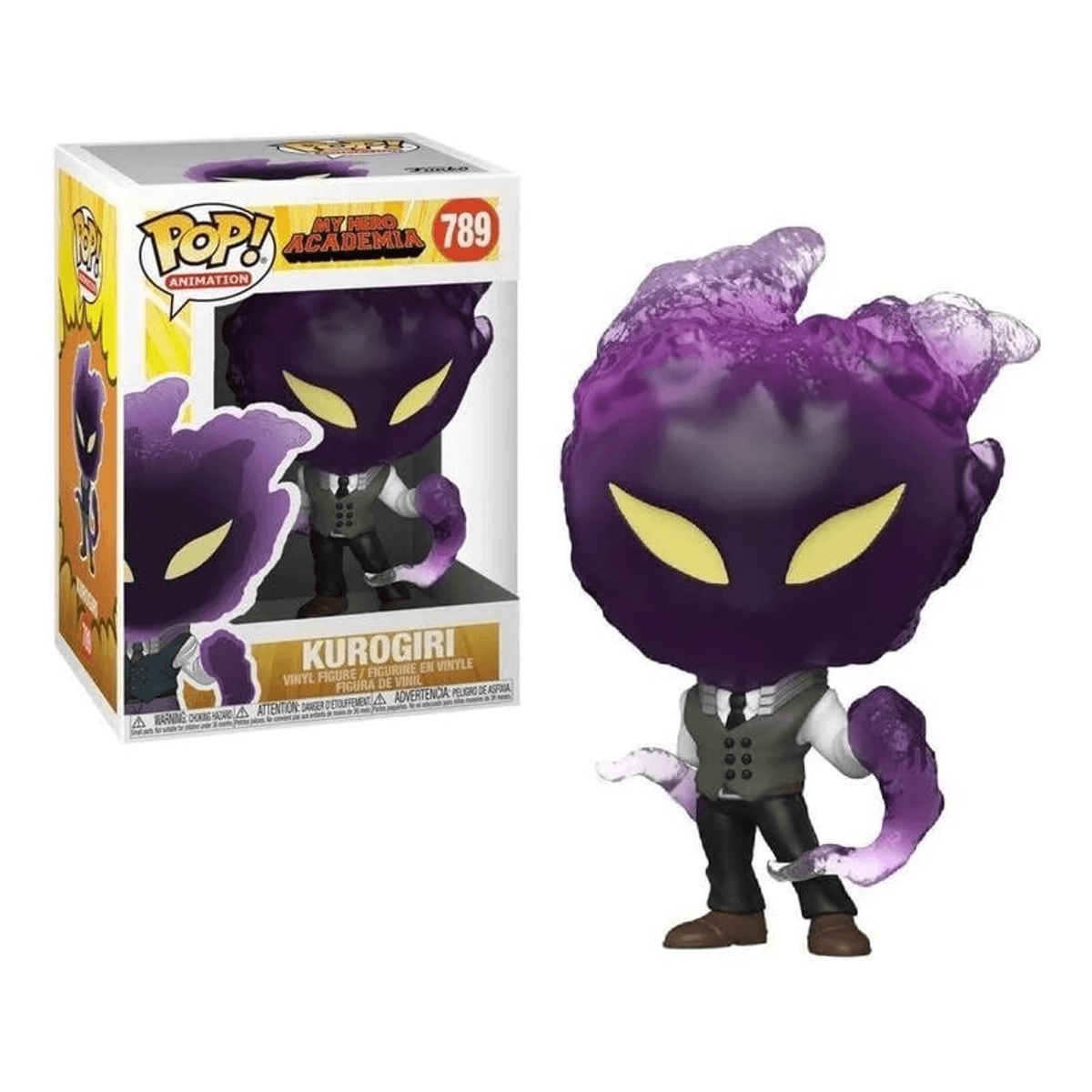 Figura Funko Pop de Kurogiri con cabeza morada junto a su caja.