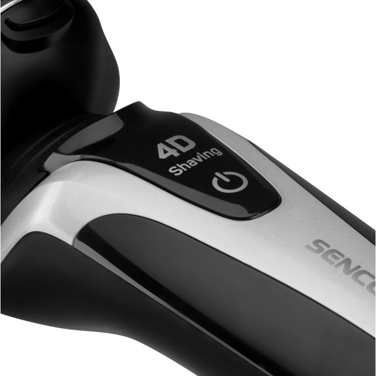 Primo piano di un rasoio elettrico nero e argento con la scritta 4D Shaving.