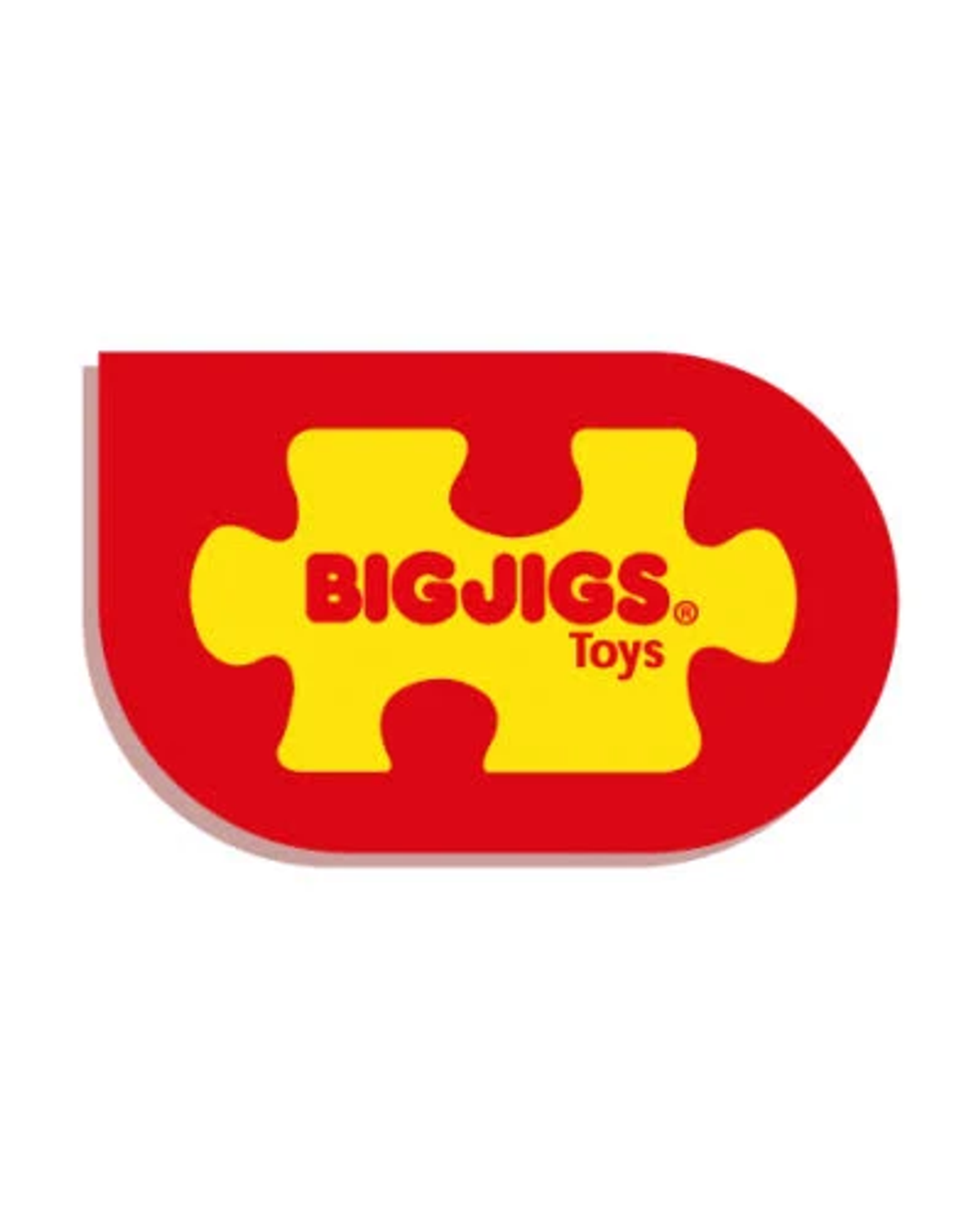 El logotipo de Bigjigs Toys presenta una pieza de rompecabezas amarilla sobre fondo rojo.