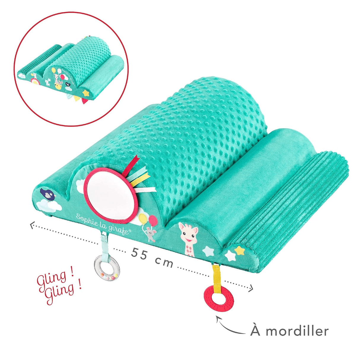 Cojín de lactancia turquesa para bebés con espejo y anillo de dentición, de 55 cm.