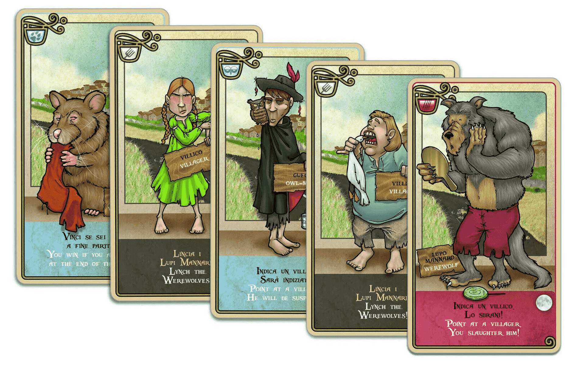 Cinco cartas de juego ilustradas con personajes como un castor, aldeanos y un hombre lobo.