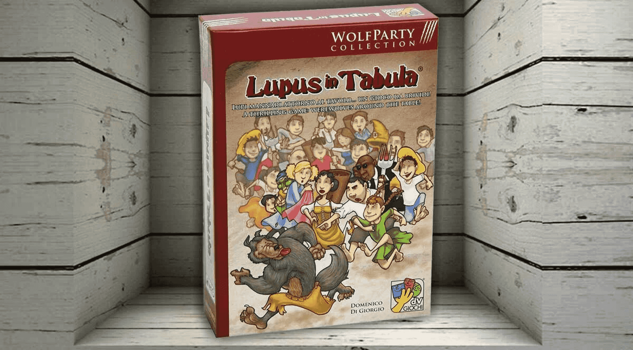 Caja del juego Lupus in Tabula con personajes ilustrados y un hombre lobo sobre un fondo de madera.