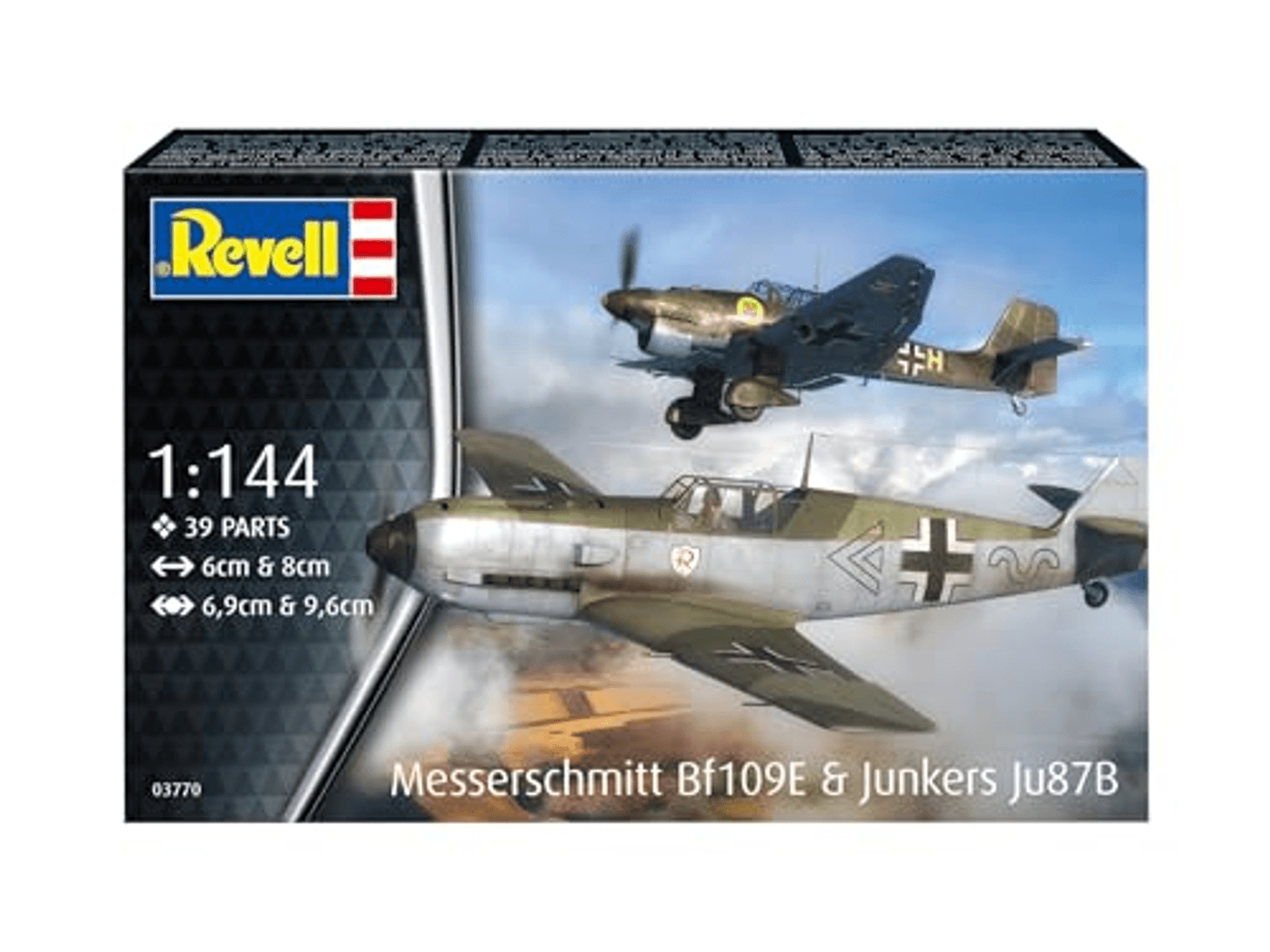Caja de maqueta Revell con Messerschmitt Bf109E y Junkers Ju87B en vuelo.