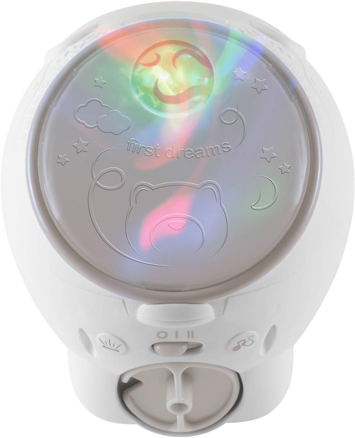 Un proyector de luz nocturna blanco para bebés con luces coloridas arriba, grabado con una cara de oso y first dreams.