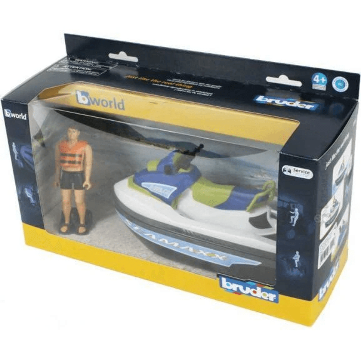 Caja de juguete Bruder con una moto de agua y una figura de socorrista.