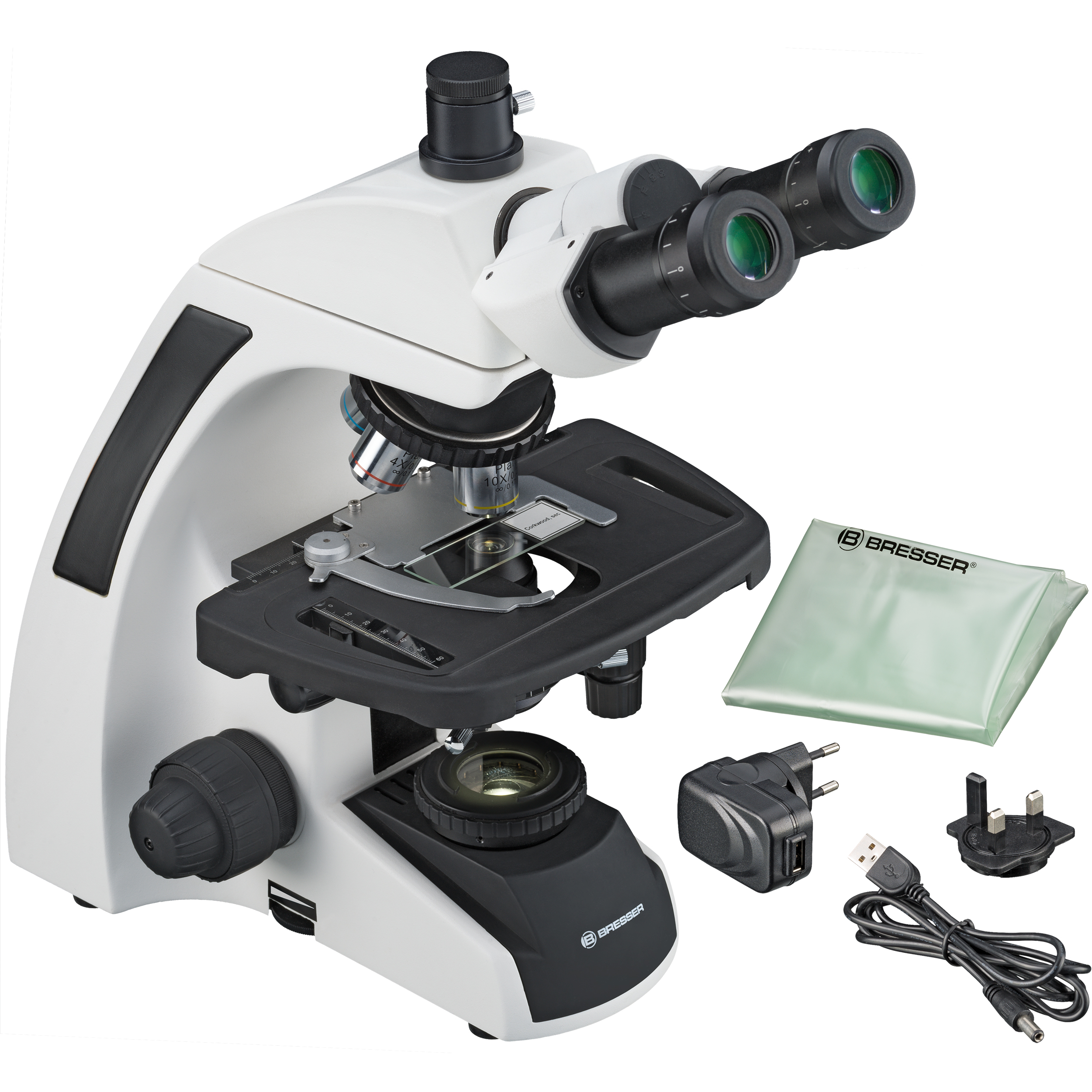 Microscopio binocular blanco con portaobjetos, adaptador, cable USB, funda y adaptadores sobre fondo blanco.