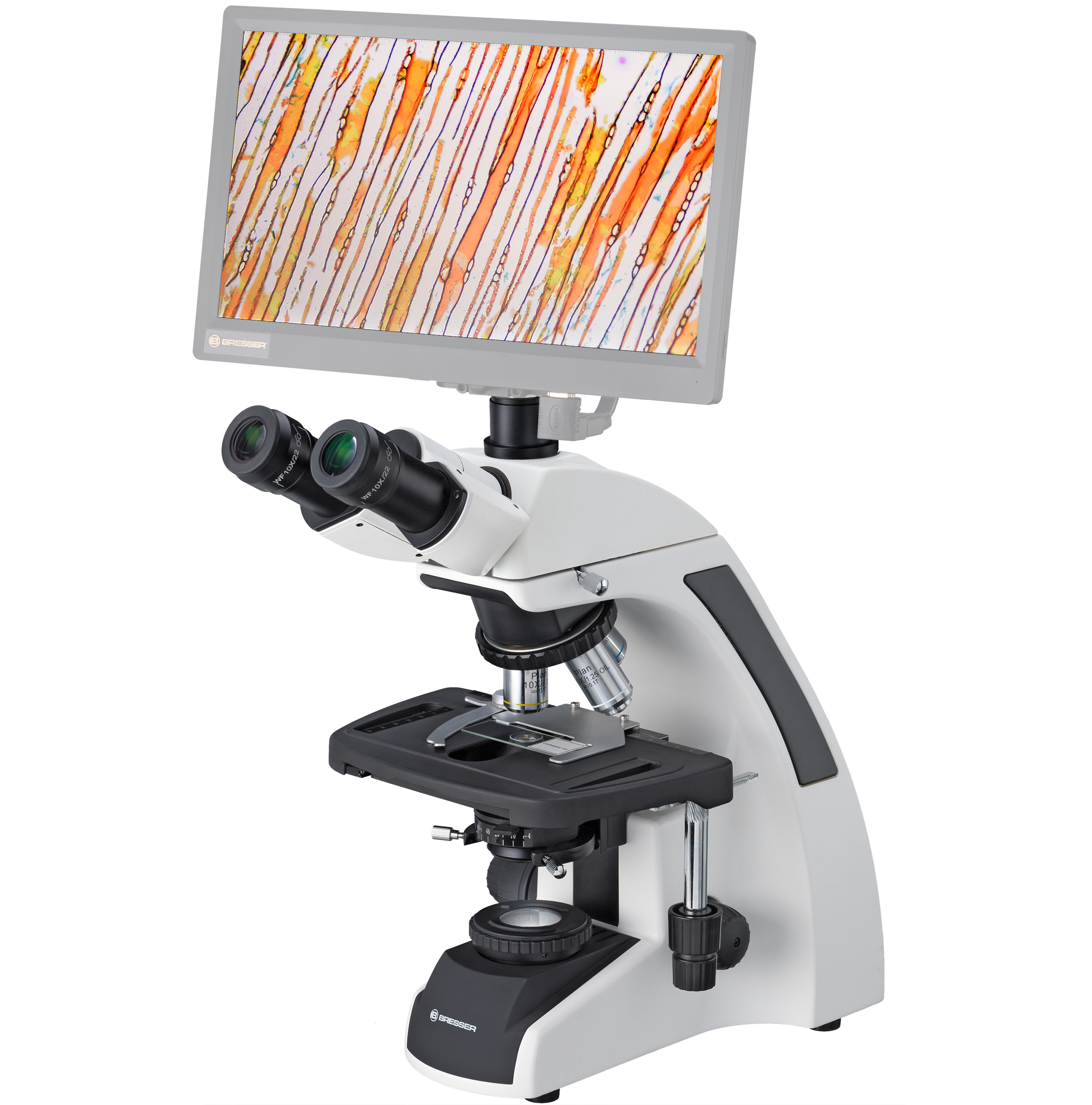 Un microscopio digital blanco con pantalla muestra una muestra de portaobjetos de color naranja.