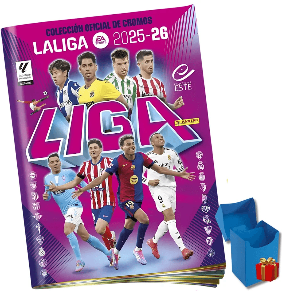 Album de la coleccion oficial de cromos Laliga 2025-26 con futbolistas en la portada.