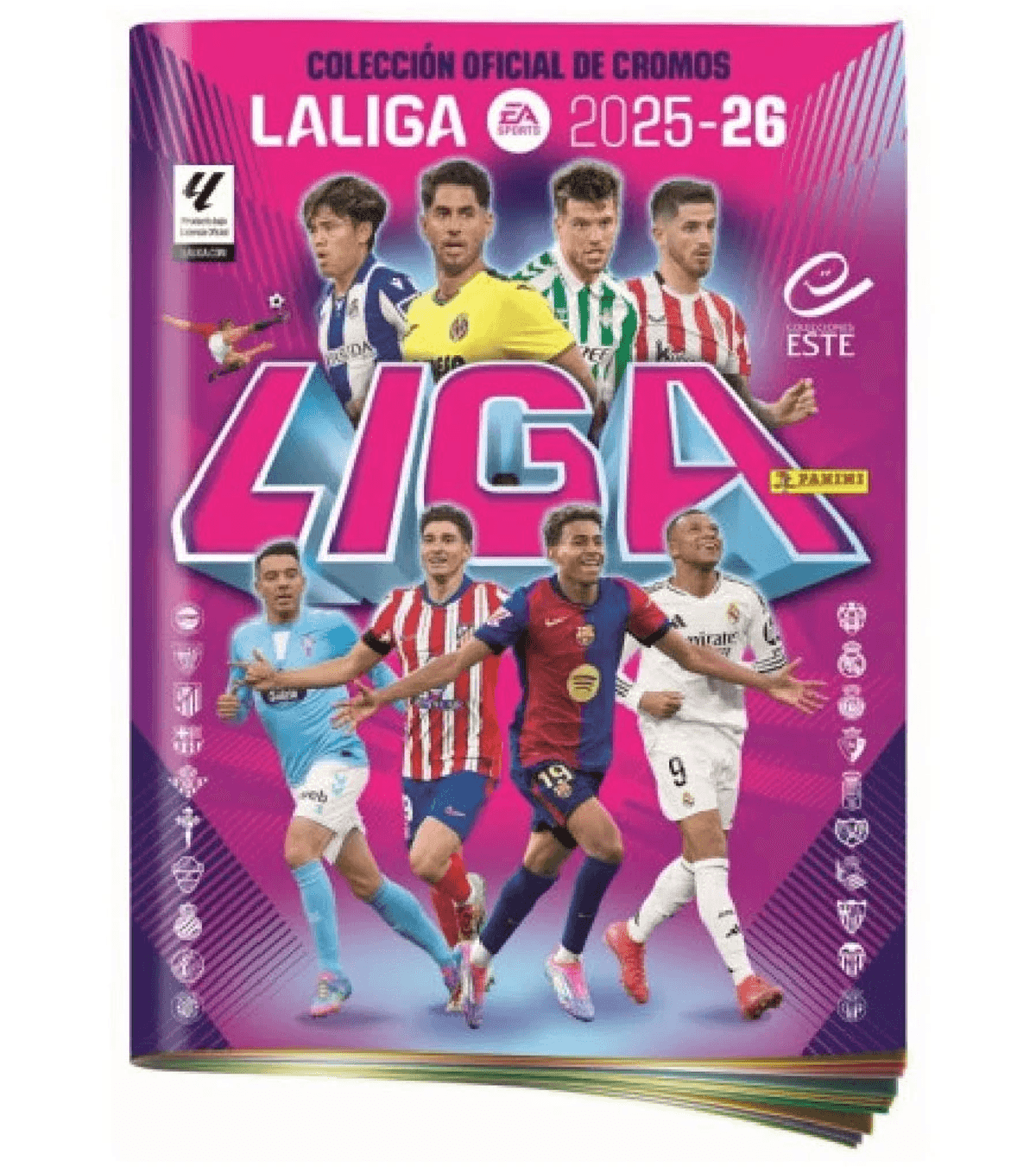 Álbum de cromos La Liga 2025-26 con futbolistas sobre fondo rosa.
