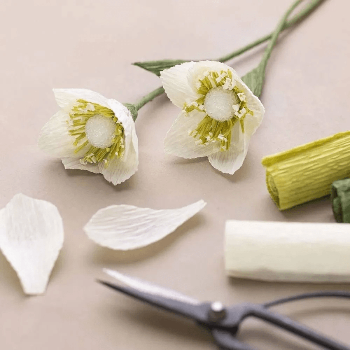 Flores de papel hechas a mano, pétalos sueltos, rollos de papel crepé y tijeras.