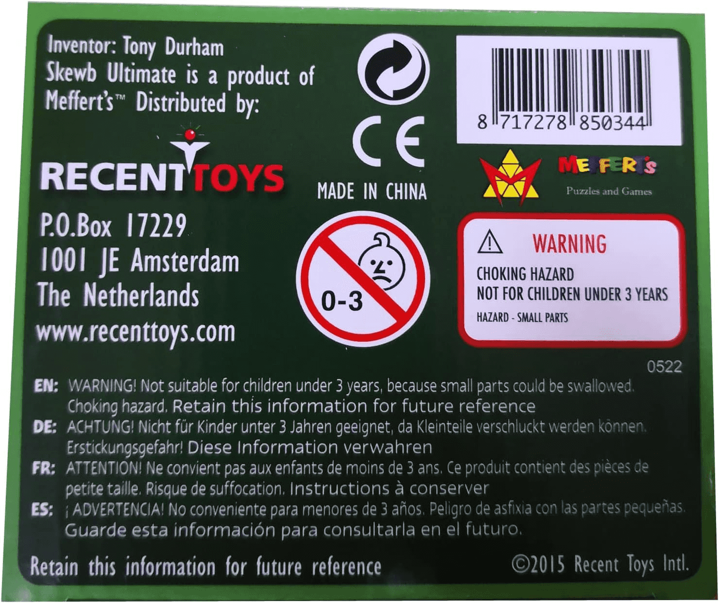 Parte trasera de caja verde con texto, código de barras, marcado CE, advertencia de asfixia e info de Recent Toys.