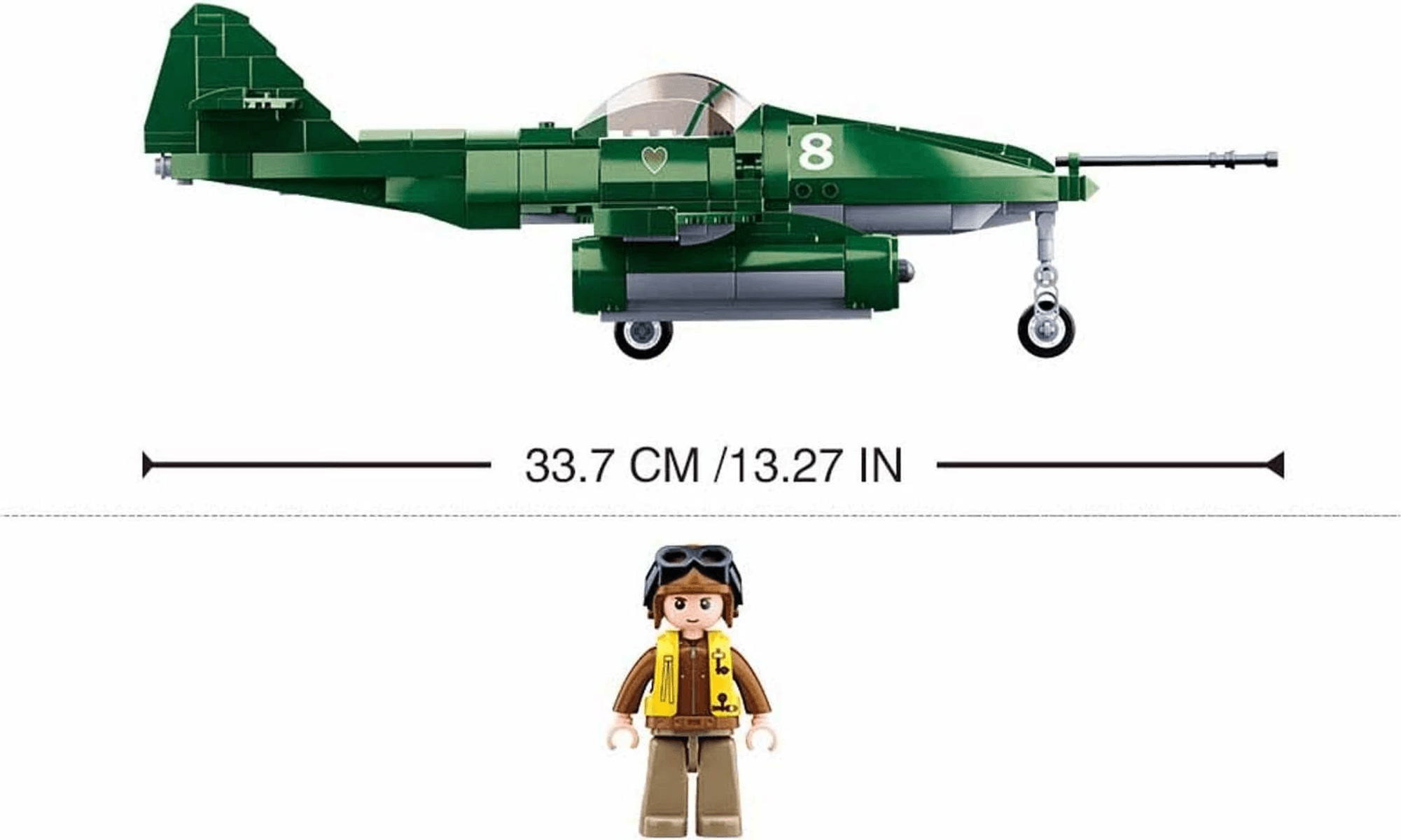 Un avión de Lego verde, de 33,7 cm de largo, junto a una figura de piloto.