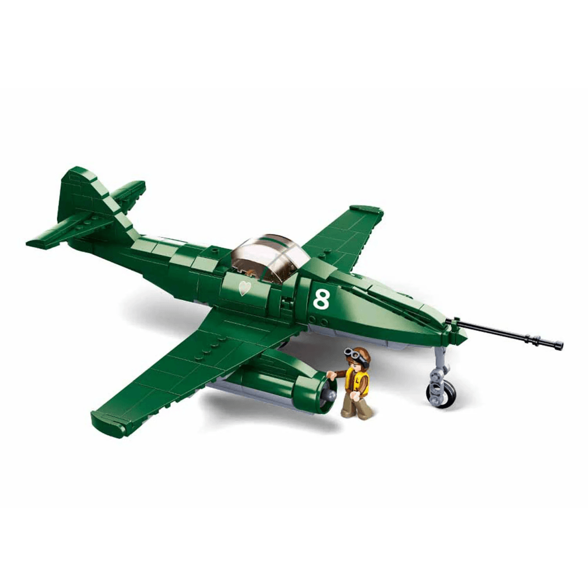Un avión de Lego verde con el número 8 y una figura de piloto sobre fondo blanco.