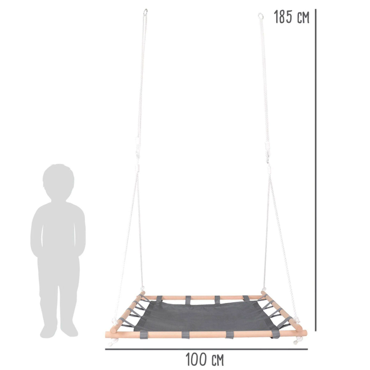 Una hamaca colgante cuadrada con marco de madera y cuerdas, de 100 cm de ancho y 185 cm de alto, con una silueta de niño.
