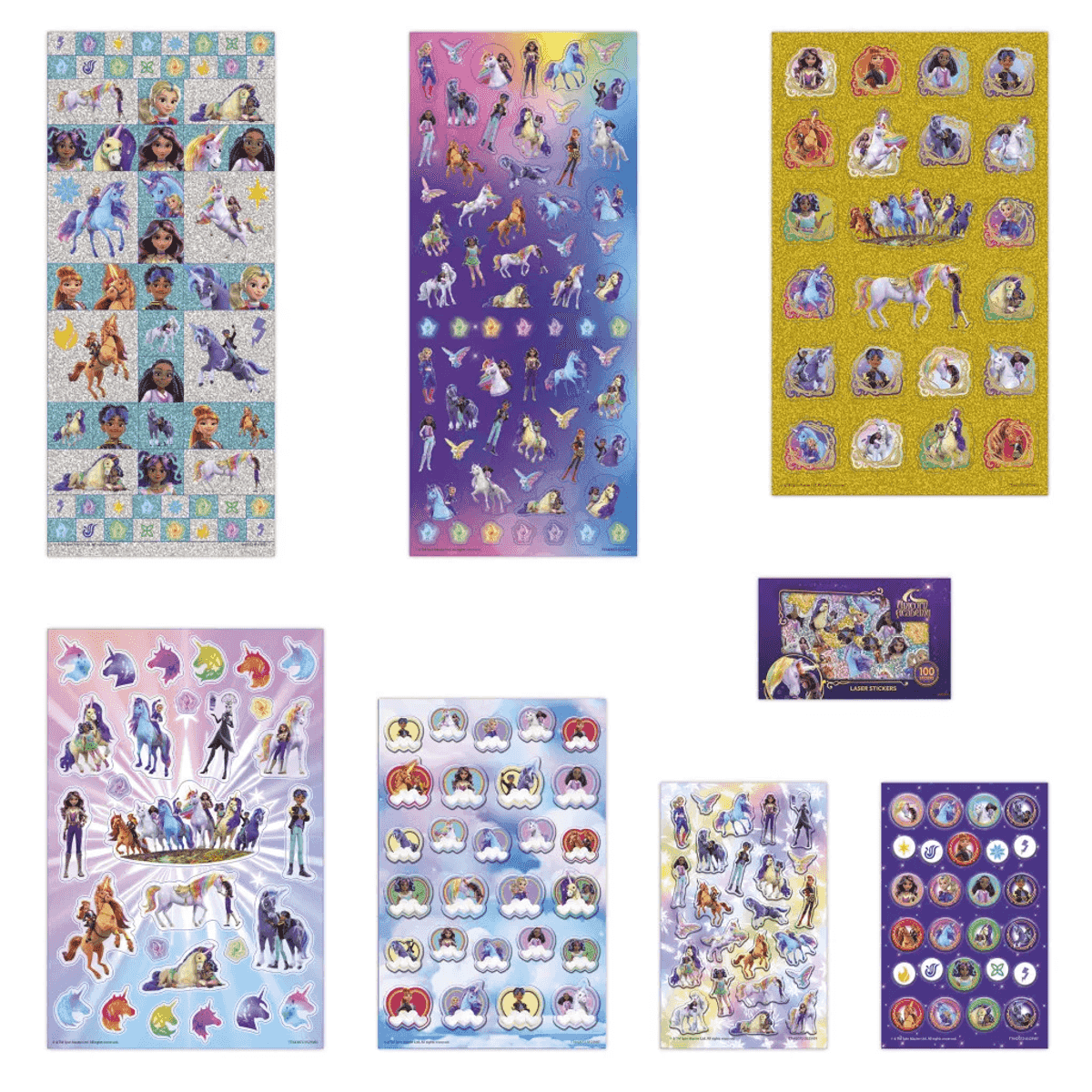 Siete hojas de pegatinas de Unicorn Academy con personajes, caballos y símbolos sobre fondos coloridos con purpurina y holográficos.
