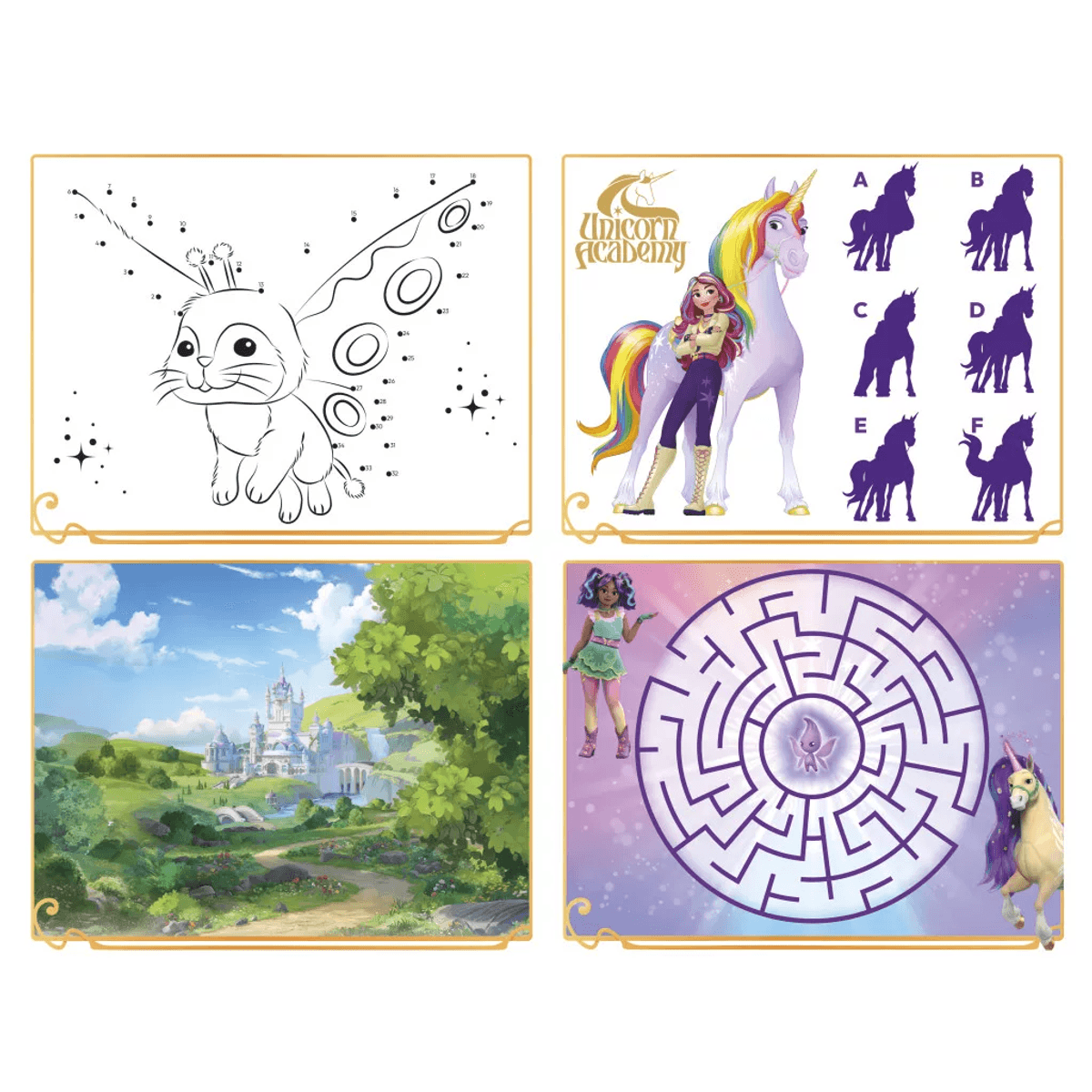 Cuatro paneles de Unicorn Academy con unirse a puntos, emparejar personajes, paisaje y un laberinto circular.