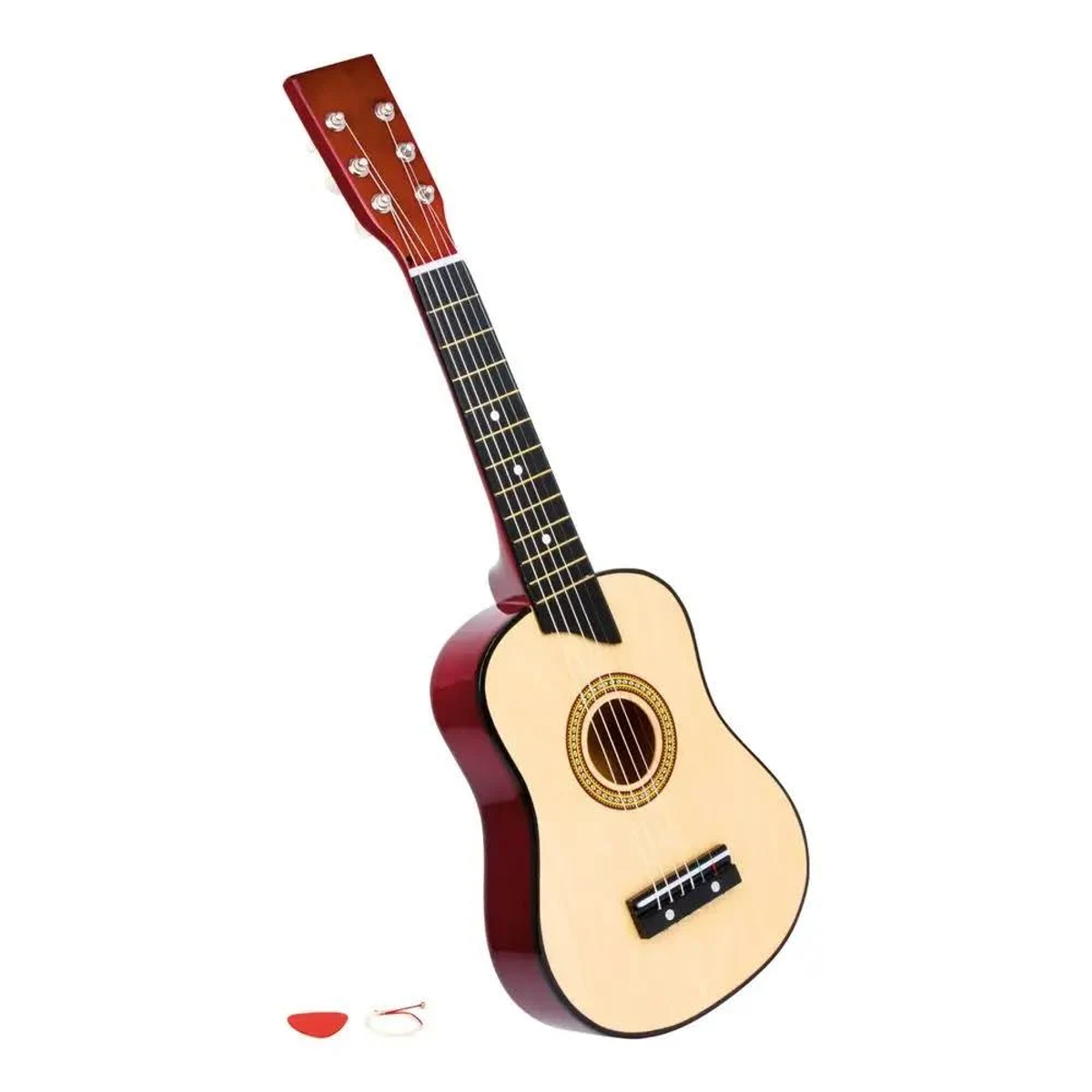 Una pequeña guitarra acústica de madera con tapa clara, fondo y aros rojo oscuro, y una púa cerca sobre fondo blanco.