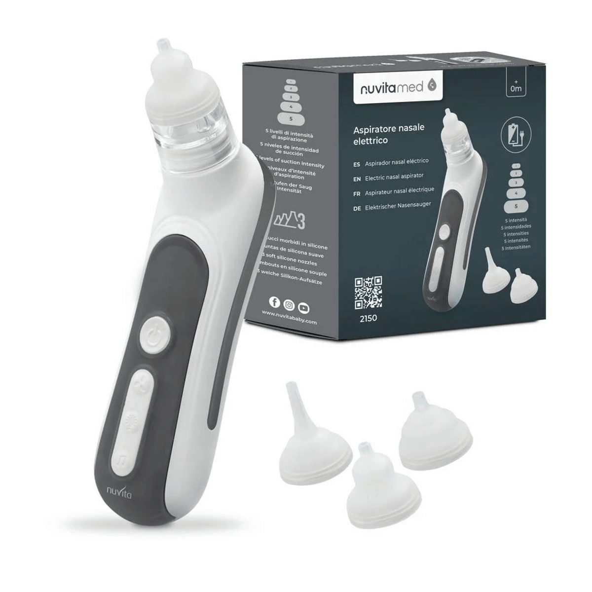 Aspirador nasal eléctrico blanco y gris con tres puntas de silicona y caja de producto al fondo.
