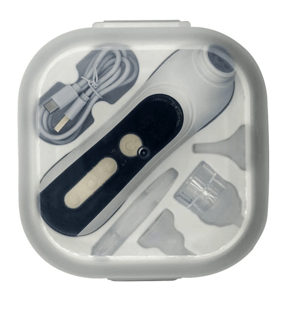 Un dispositivo electrónico blanco y negro con accesorios y cable de carga dentro de una caja.