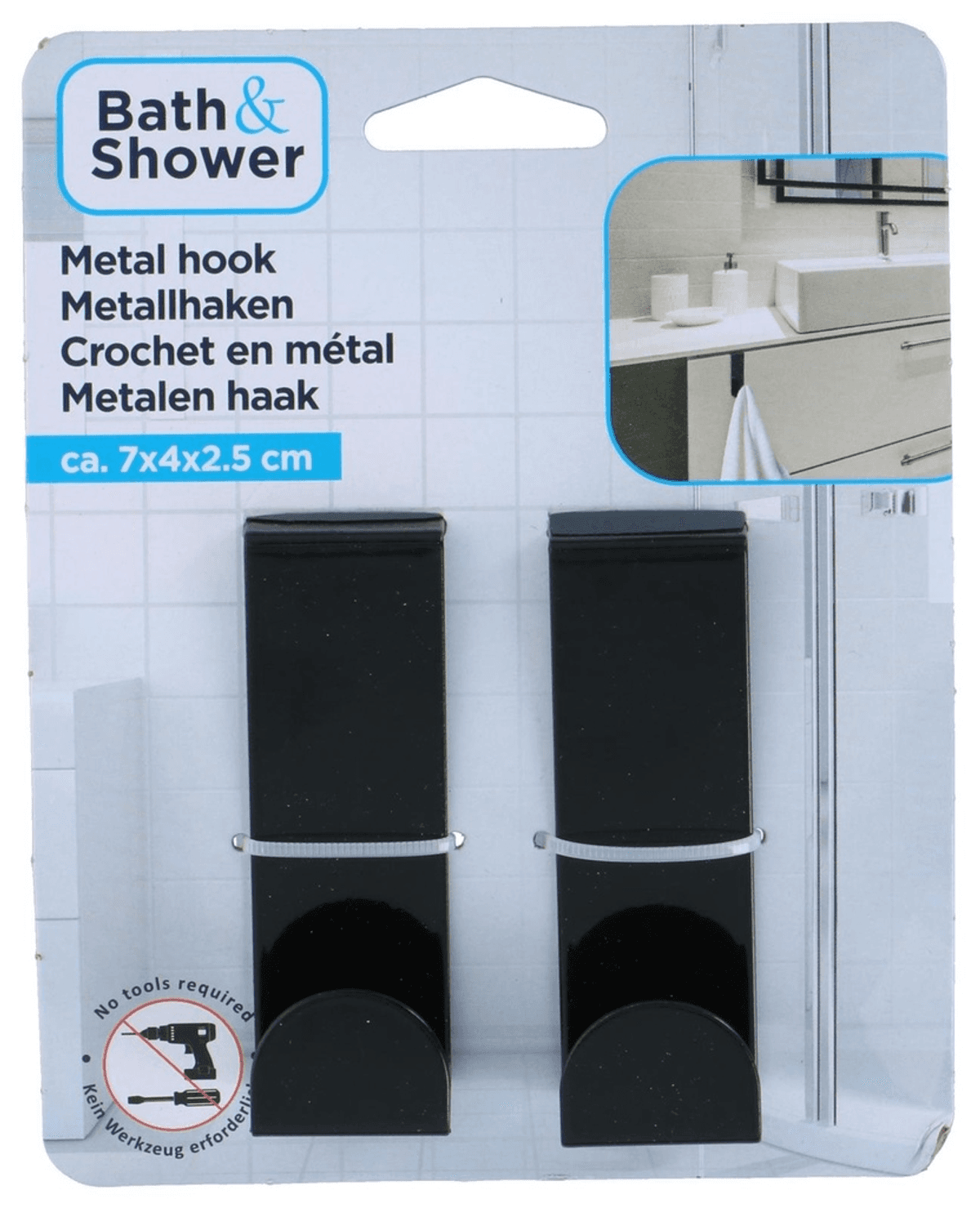 Embalaje con dos ganchos metálicos negros para el baño y un gráfico de aplicación.