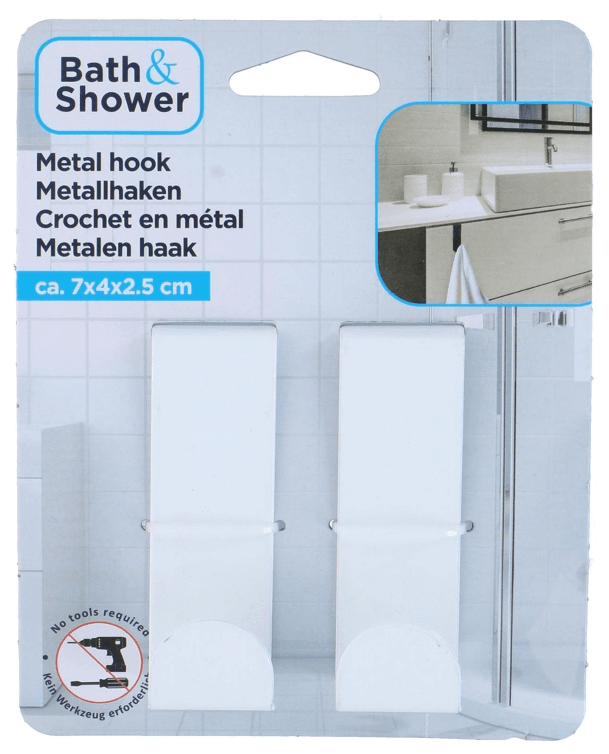 Embalaje de dos ganchos metálicos blancos para baño que no requieren herramientas.