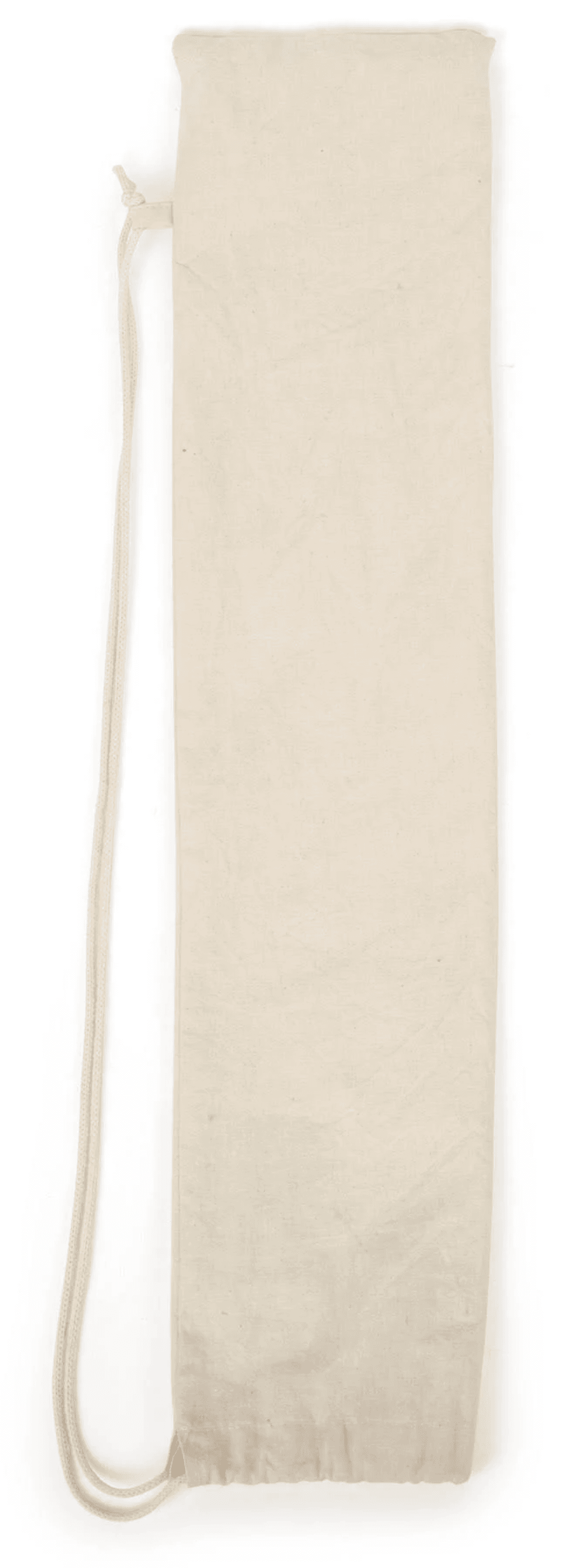 Bolsa larga de algodón beige con cordón sobre fondo blanco.