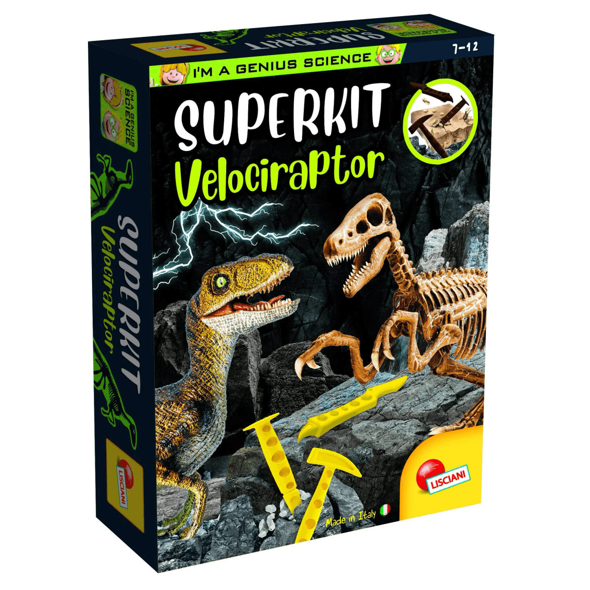 Caja de juguete de kit científico de Velociraptor con un esqueleto de dinosaurio y una figura.
